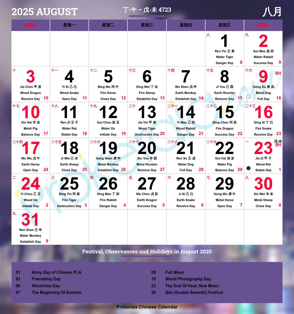 Chinese Calendar 2025, August | 十一月 2025 with Lunar Calendar For August 2025