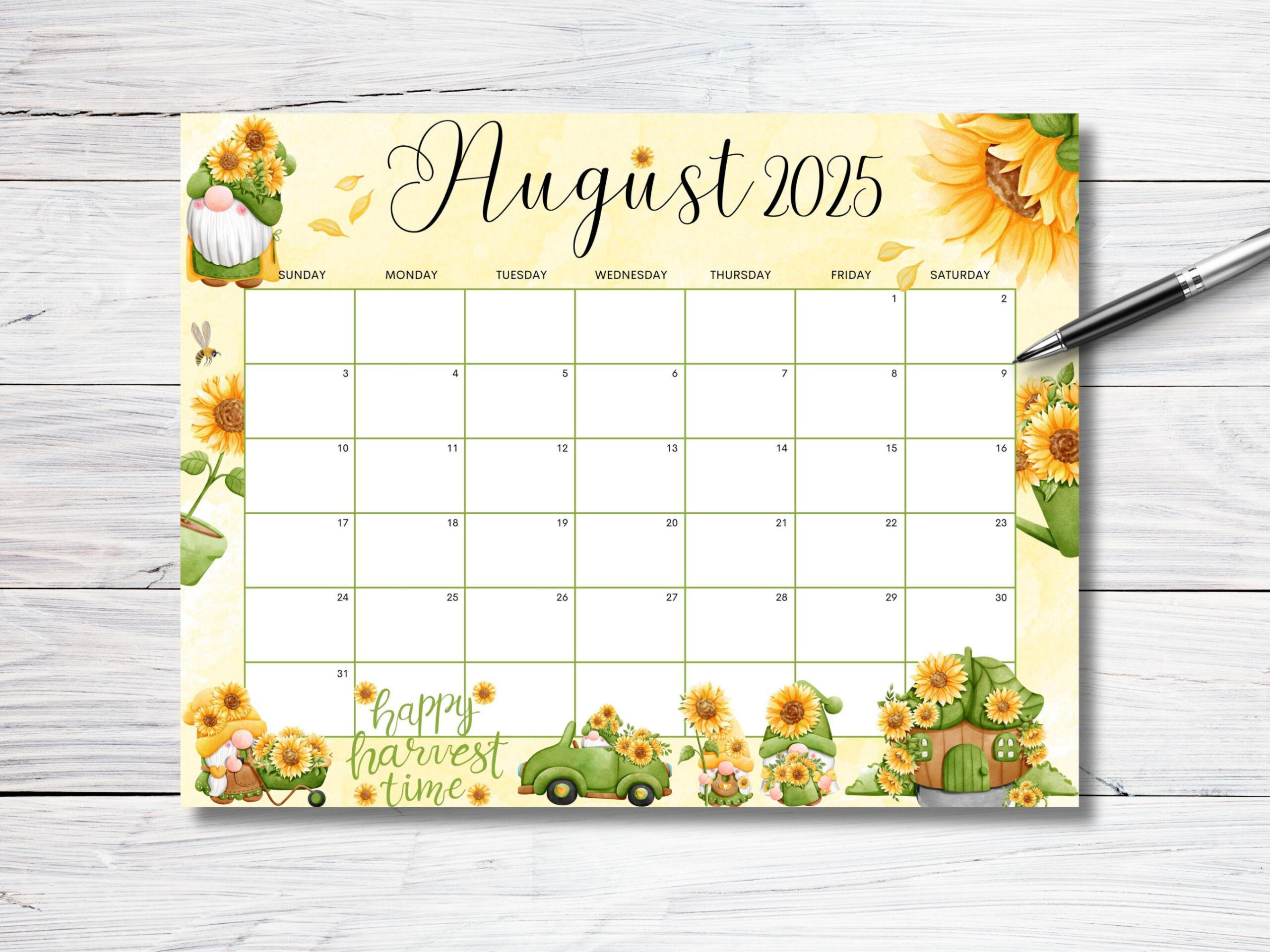 Editable August 2025 Calendar, Sunflower Gnome Garden Planner for August 2025 Editable Calendar
