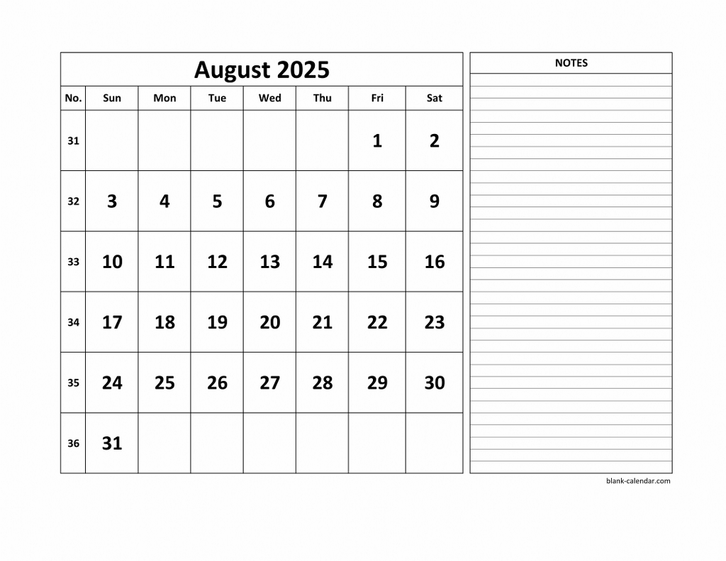 Free Download Printable August 2025 Calendar, Large Space For intended for August 22 Calendar 2025