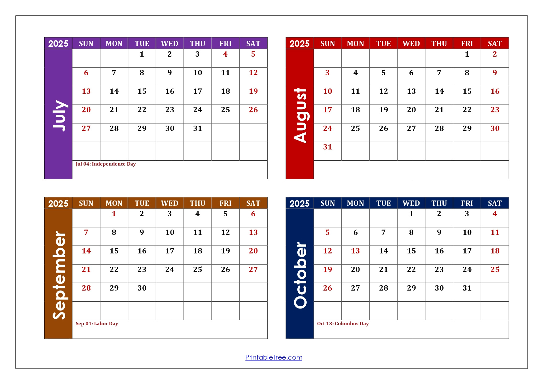 July To October 2025 Calendar Printable Pdf | Four Months Calendar throughout August To October Calendar 2025