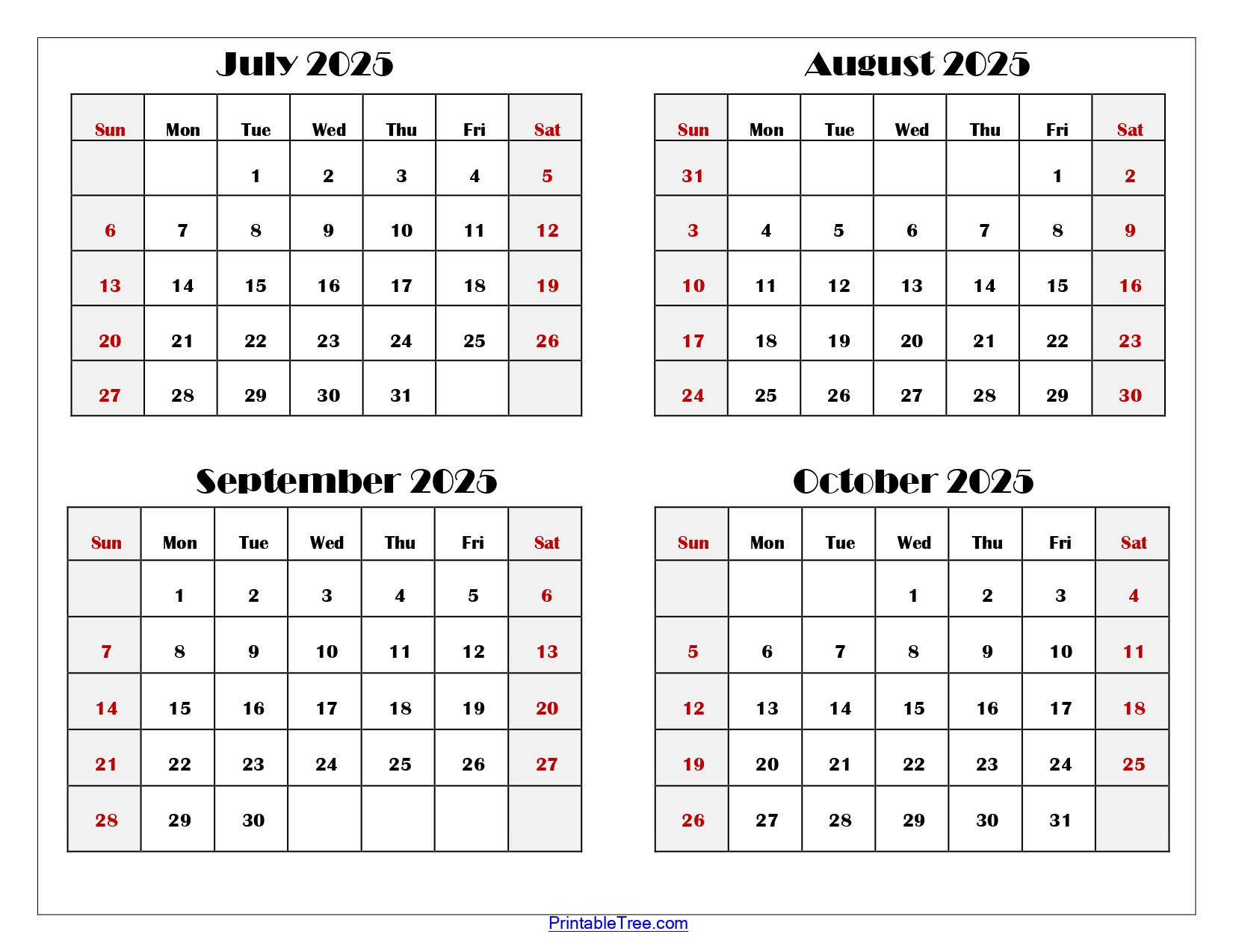 July To October 2025 Calendar Printable Pdf | Four Months Calendar within August To October 2025 Calendar