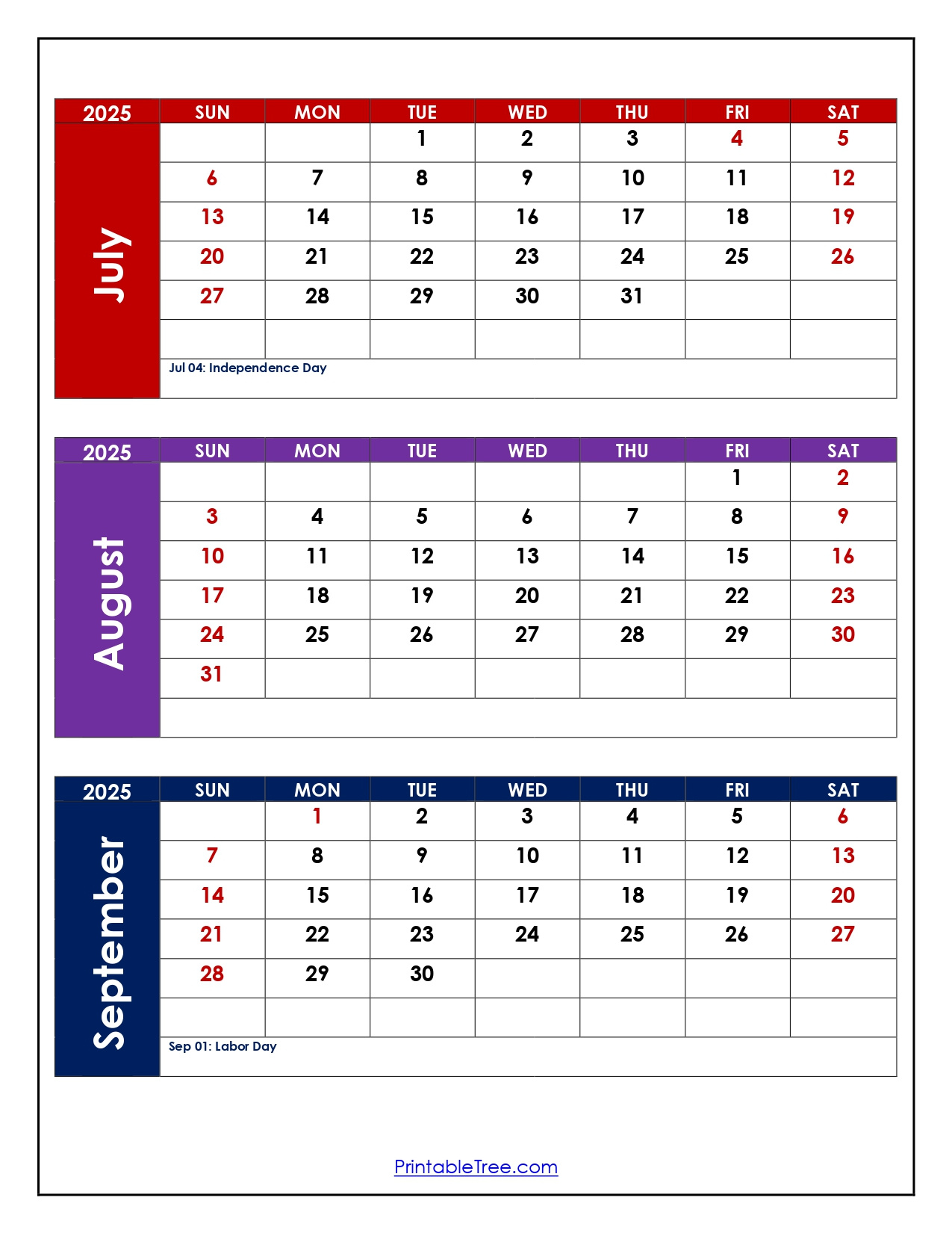 July To September 2025 Calendar Printable Pdf | Three Months Calendar in Calendar July August September 2025