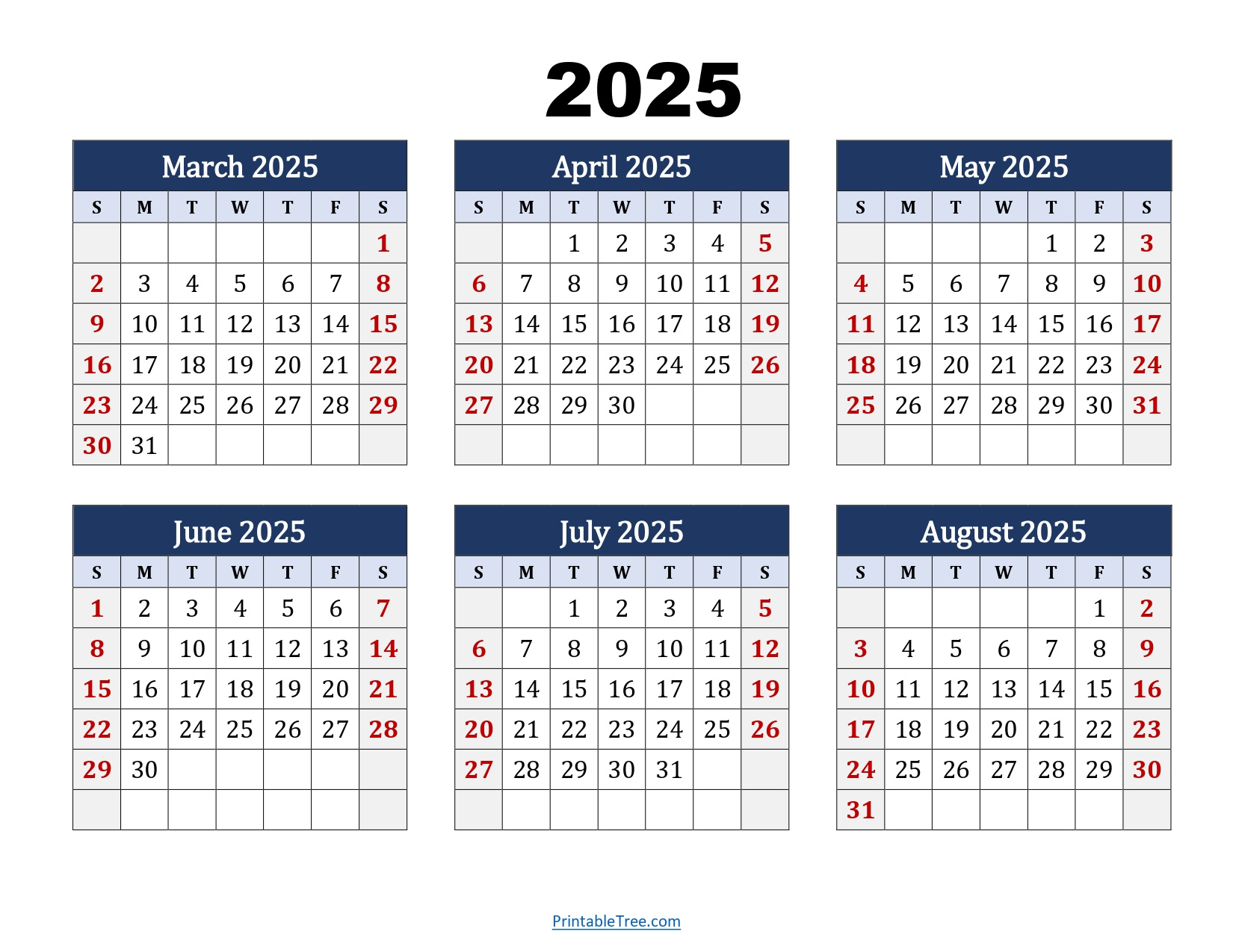 March To August 2025 Calendar Printable Pdf | Six Months Calendar for August 26 2025 Calendar