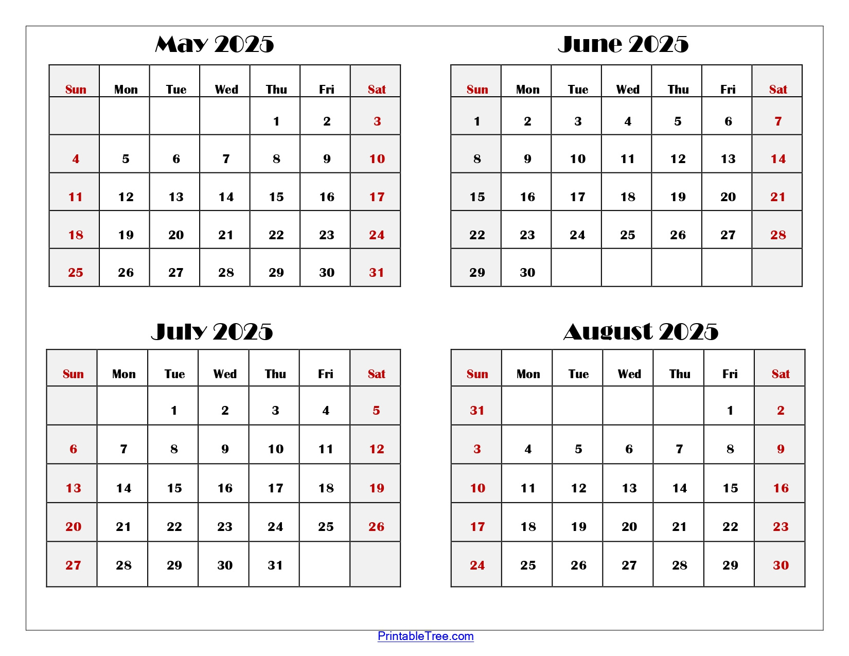 May To August 2025 Calendar Printable Pdf | Four Months Calendar intended for May Through August 2025 Calendar