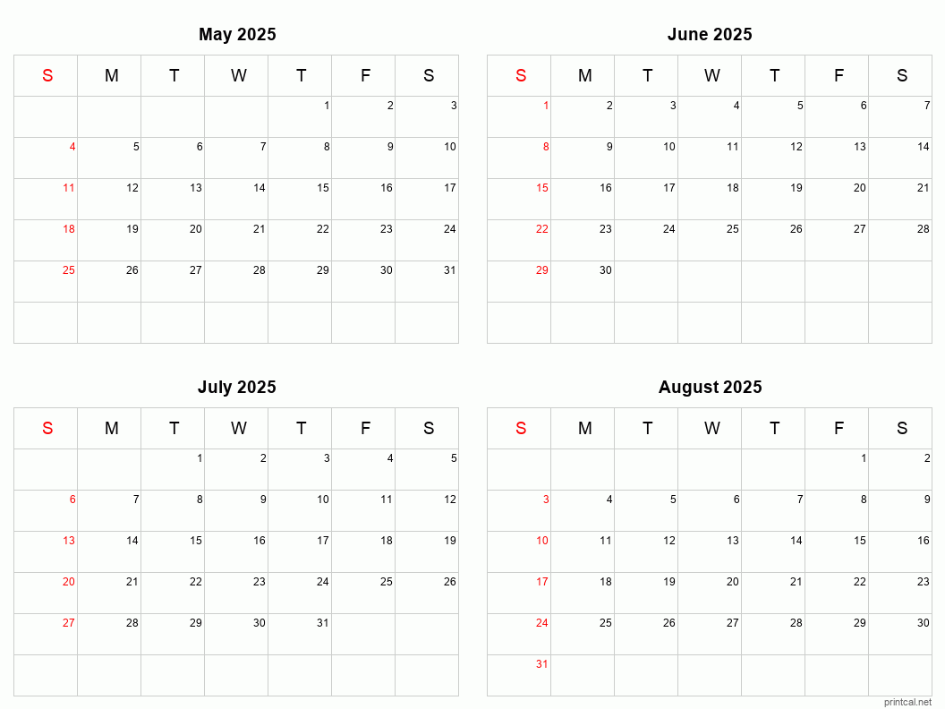 May To August 2025 Printable Calendar | Four Months Per Page inside May To August 2025 Calendar