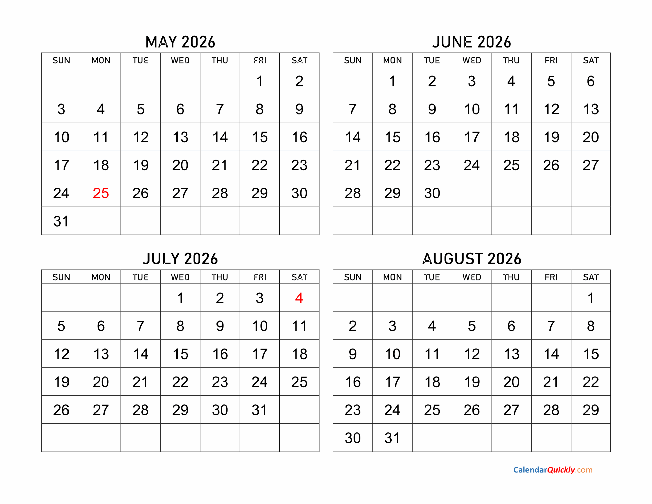 May To August 2026 Calendar | Calendar Quickly intended for August 2025 - May 2026 Calendar