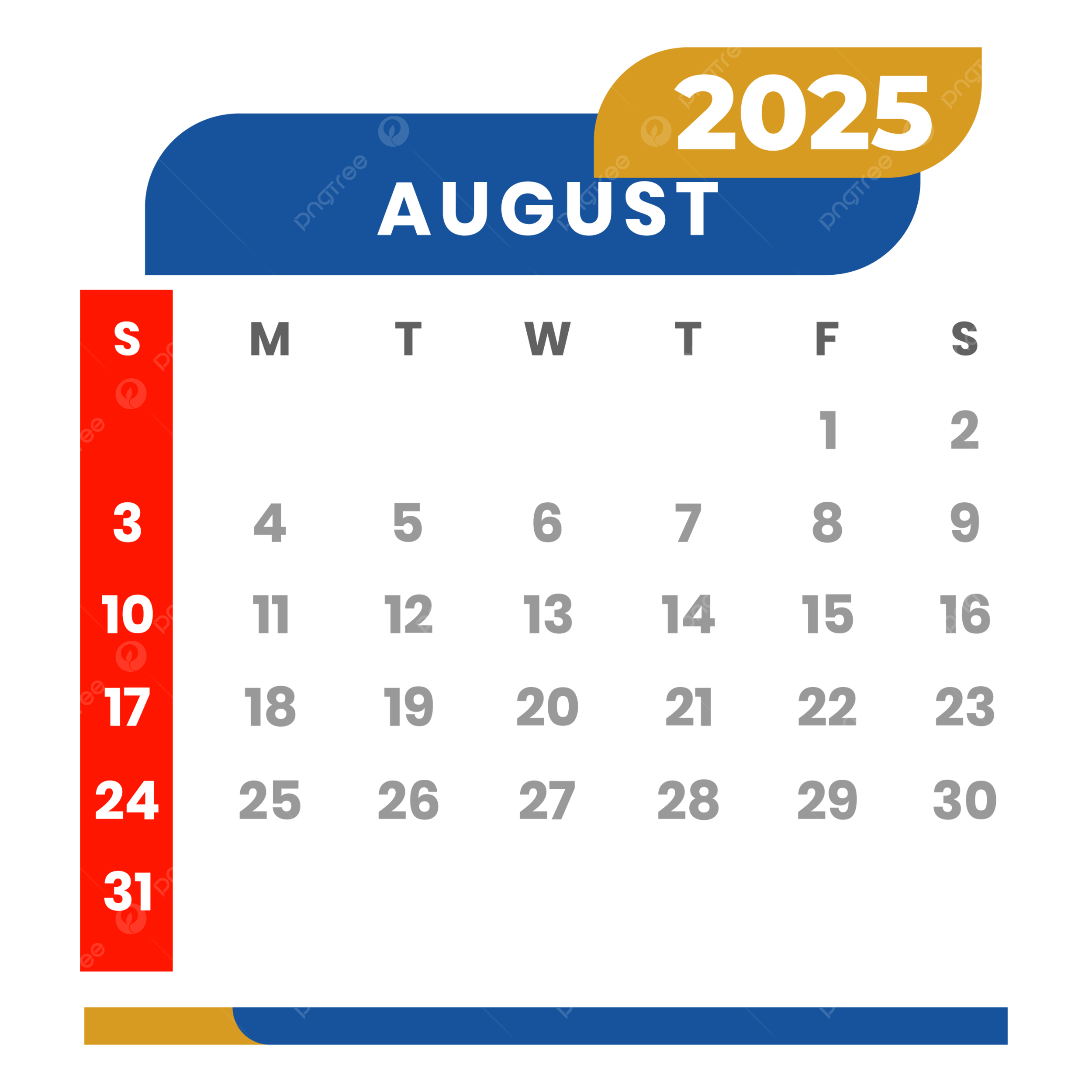 Monthly Calendar August 2025 Clipart Vector, Monthly Calendar for August 2025 Calendar Transparent Background