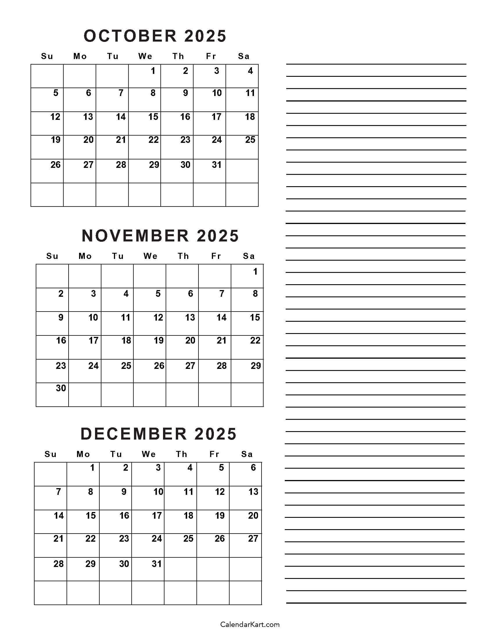 October To December 2025 Calendar (Q4) - Calendarkart inside August September October November December 2025 Calendar