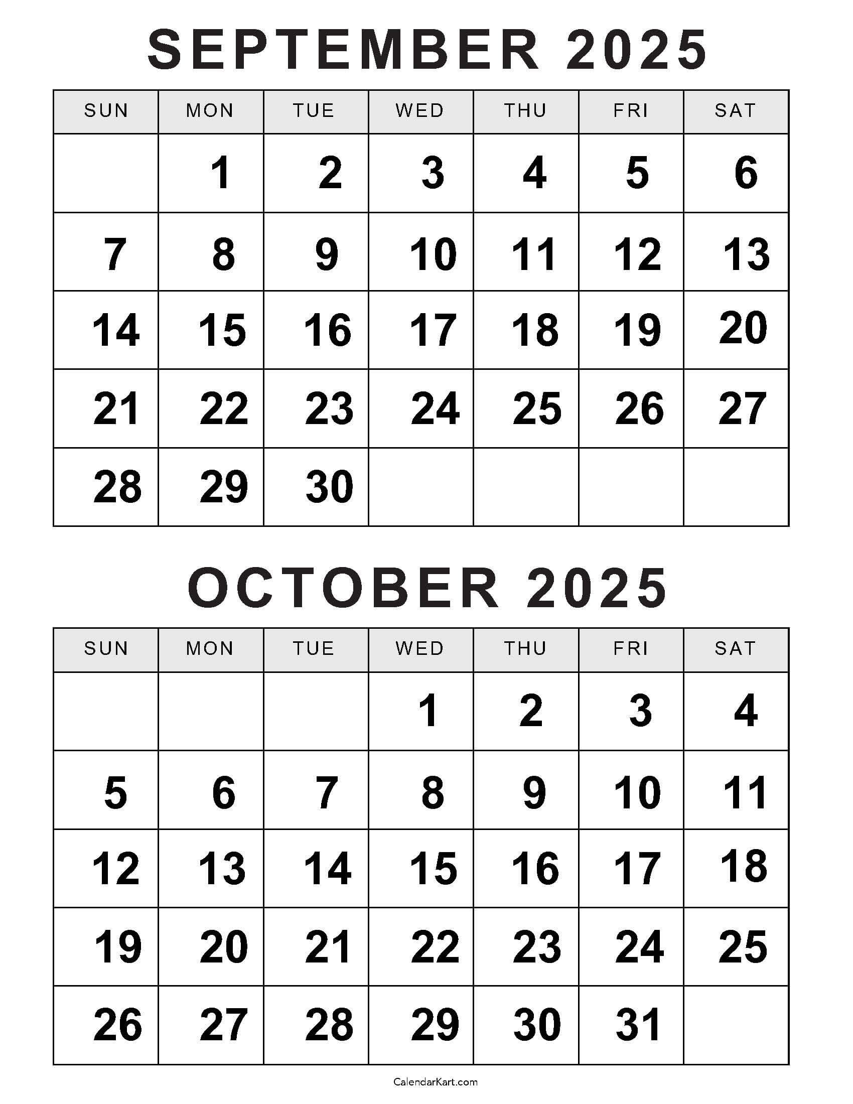 Printable September October 2025 Calendar | Calendarkart throughout August September October 2025 Calendar Printable