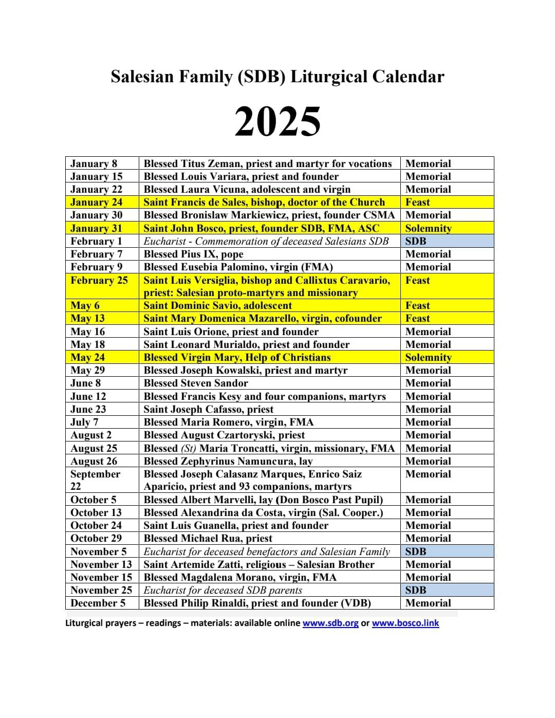 Resource - 2025 Salesian Family Calendar - Liturgy Prayer Intentions pertaining to August Saints Calendar 2025