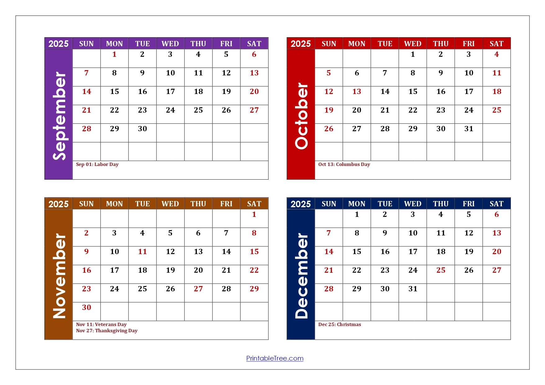September To December 2025 Calendar Printable Pdf | Four Months in August September October November December 2025 Calendar