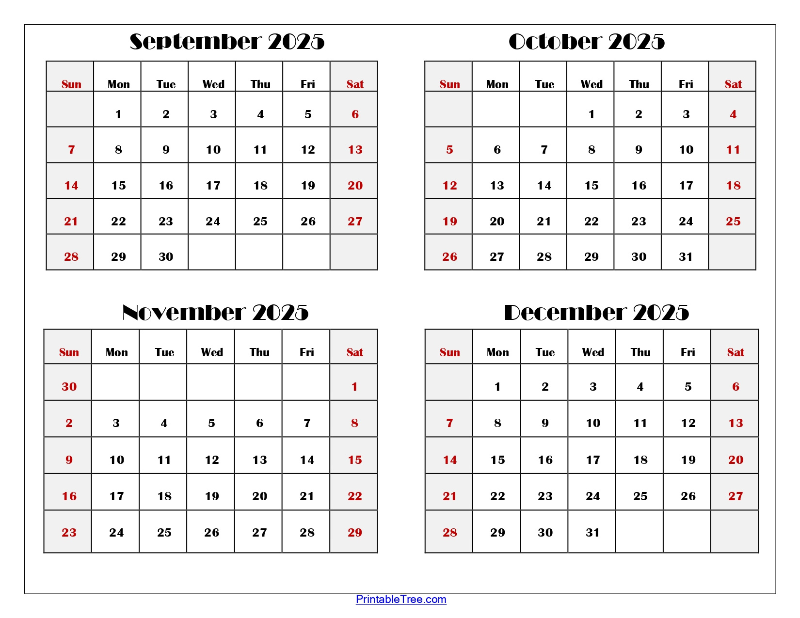 September To December 2025 Calendar Printable Pdf | Four Months pertaining to August September October November December 2025 Calendar
