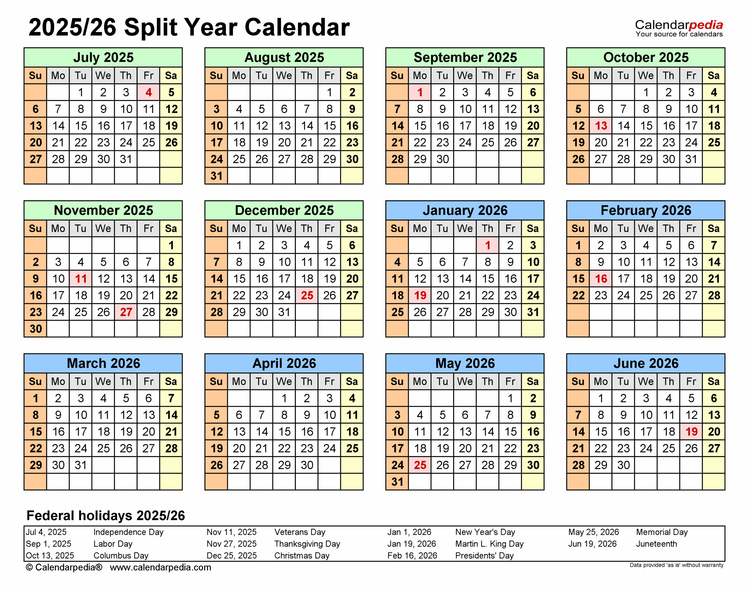 Split Year Calendars 2025/2026 (July To June) - Pdf Templates for Calendar August 2025 And September 2026