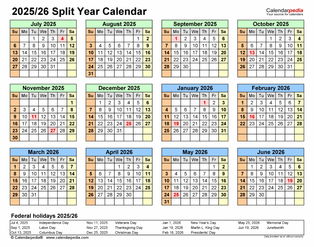 August 2025 - July 2026 Calendar Printable | Printable Calendar 2025