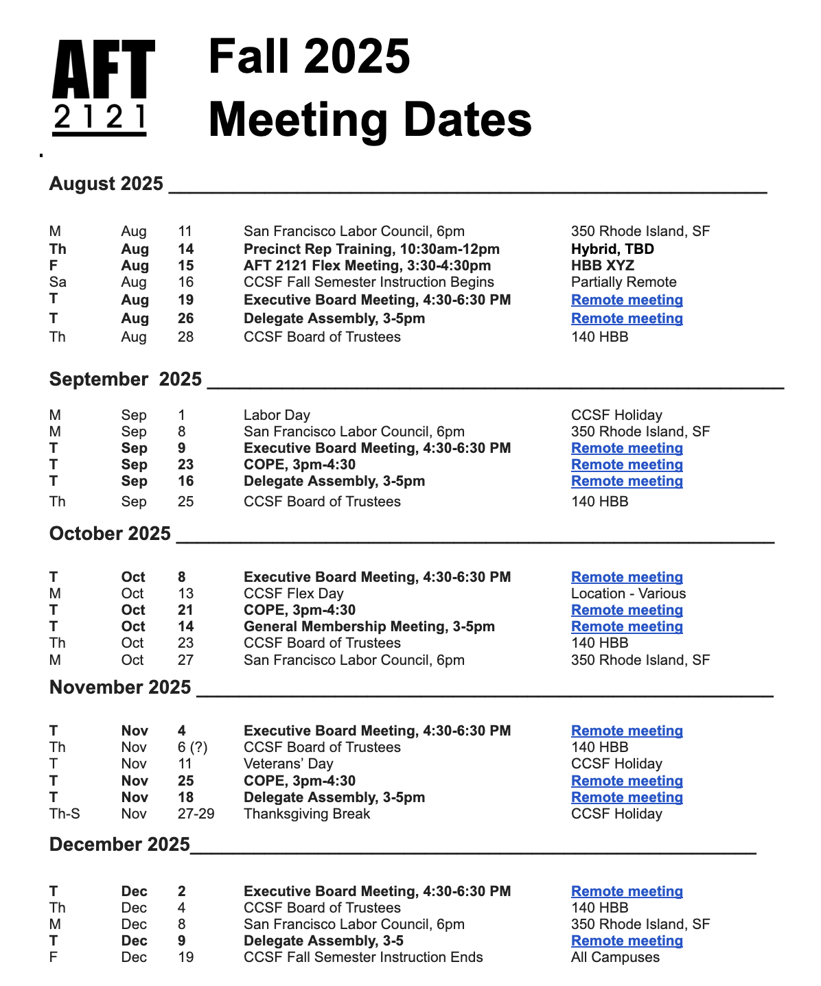 Tech Reporting Form | Aft 2121 pertaining to Ccsf August 2025 Calendar