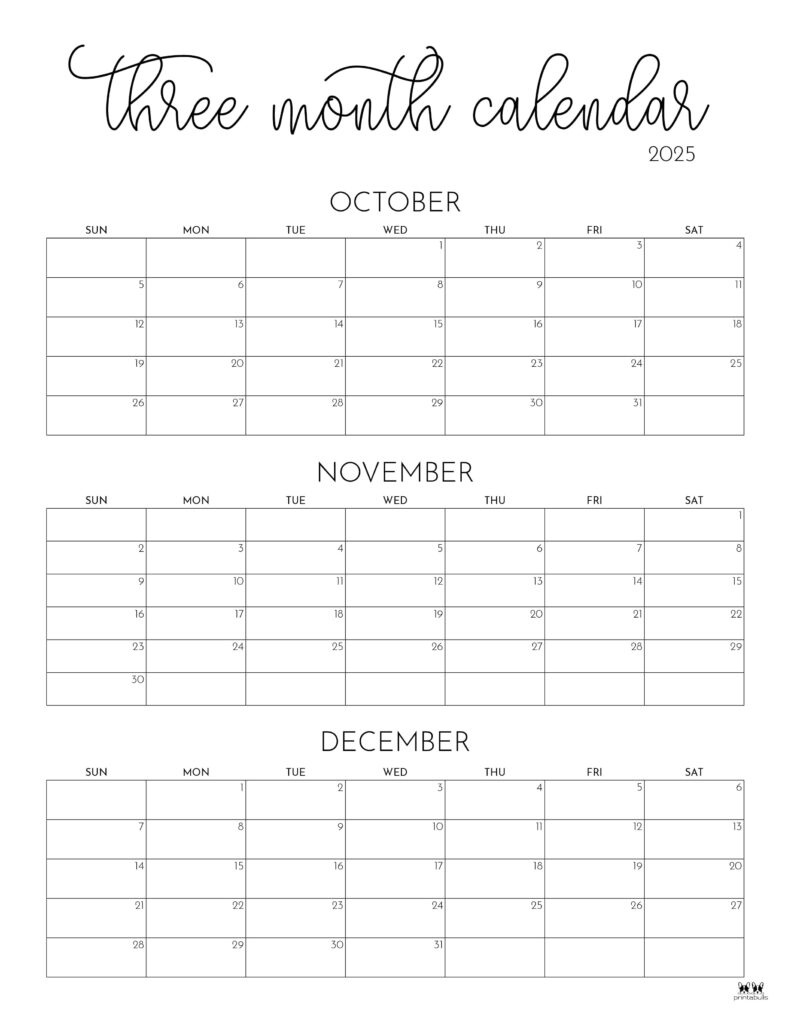 2025 Three Month/Quarterly Calendars - 36 Free Cals | Printabulls pertaining to 3 Month Calendar October November December 2025