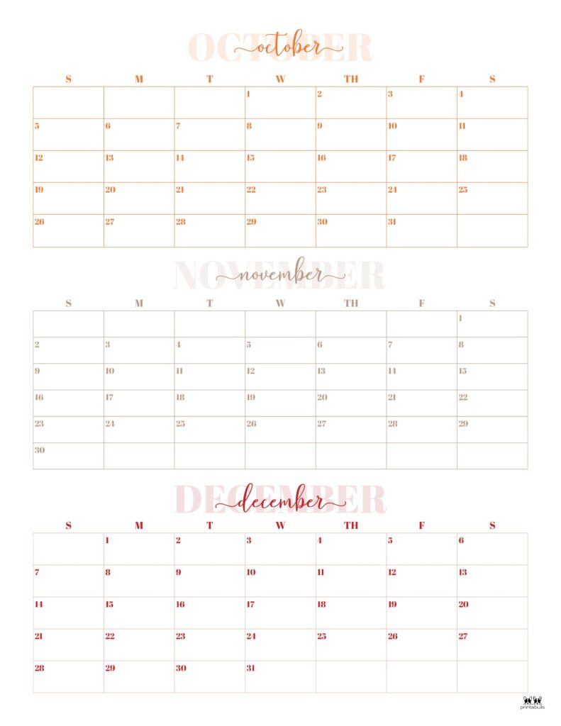 2025 Three Month/Quarterly Calendars - 36 Free Cals | Printabulls with 3 Month Calendar October November December 2025