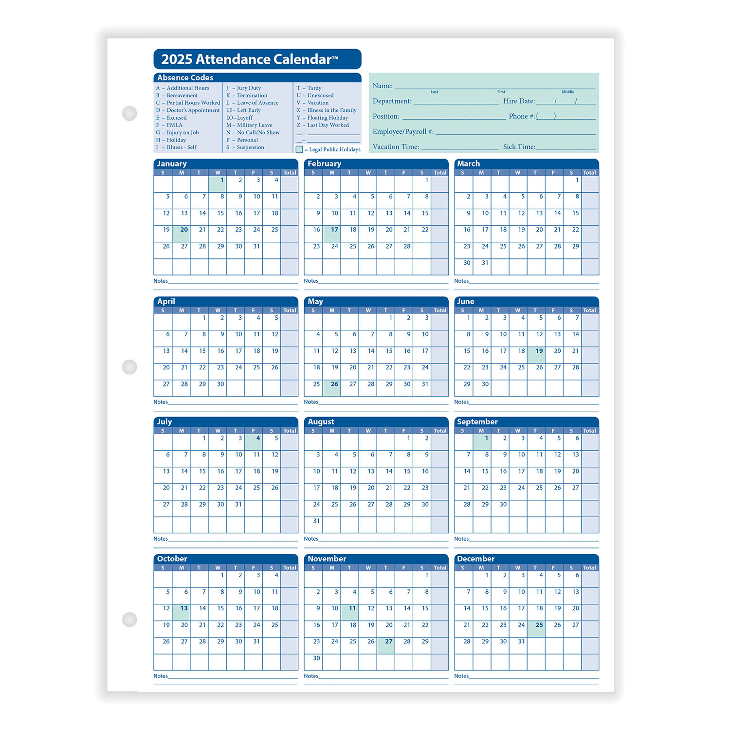 2026 Yearly Employee Attendance Calendar | Yearly Calendar | Hrdirect pertaining to October 2025 Calendar Missing Days
