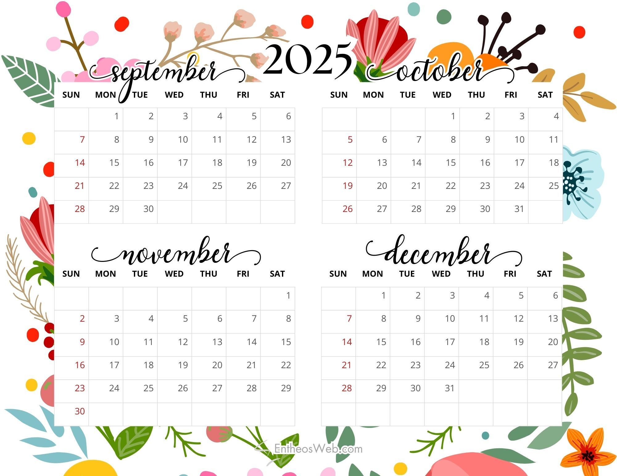 4 Month Printable Calendars – September, October, November And pertaining to September October November December 2025 Calendar