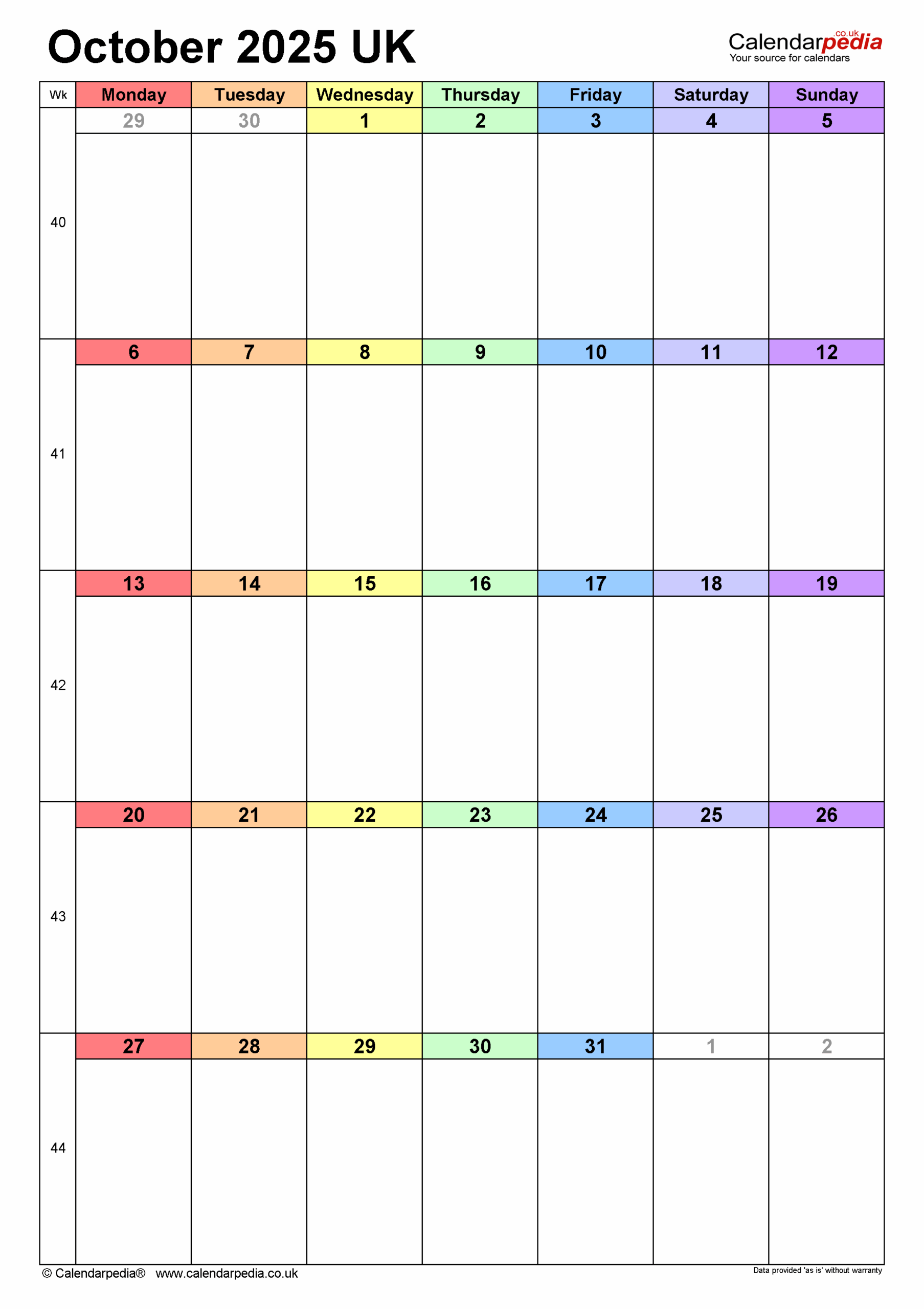 Calendar October 2025 Uk With Pdf, Excel And Word Templates pertaining to Printable October 2025 Calendar Word