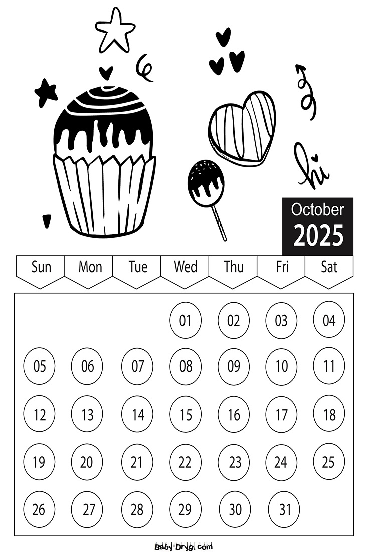 Coloring Page 2025 October Cartoon Characters | Coloring Calendar in October 2025 Calendar Coloring Page