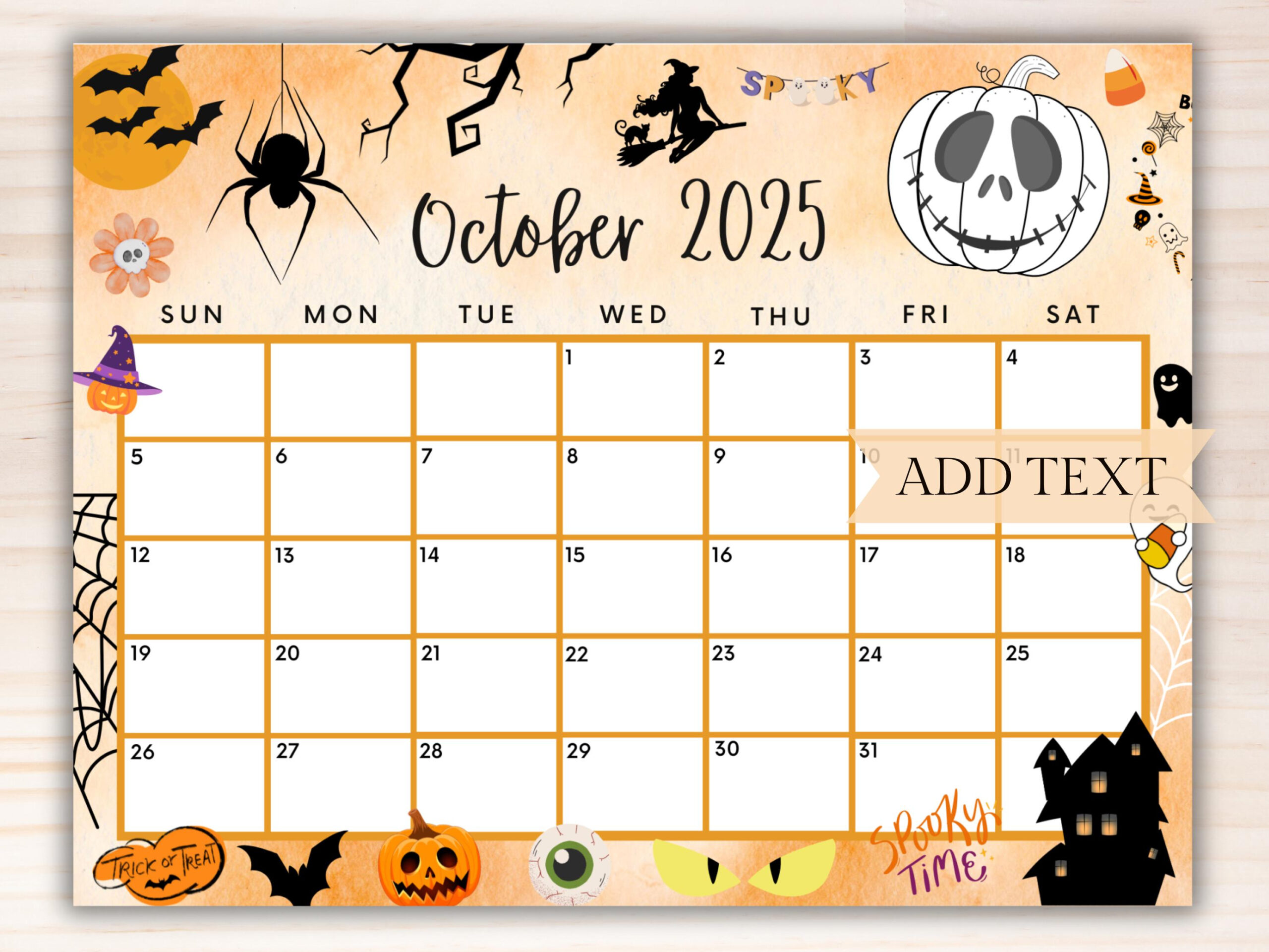 Editable October 2025 Calendar, Printable Spooky Halloween for Halloween October Calendar Printable 2025