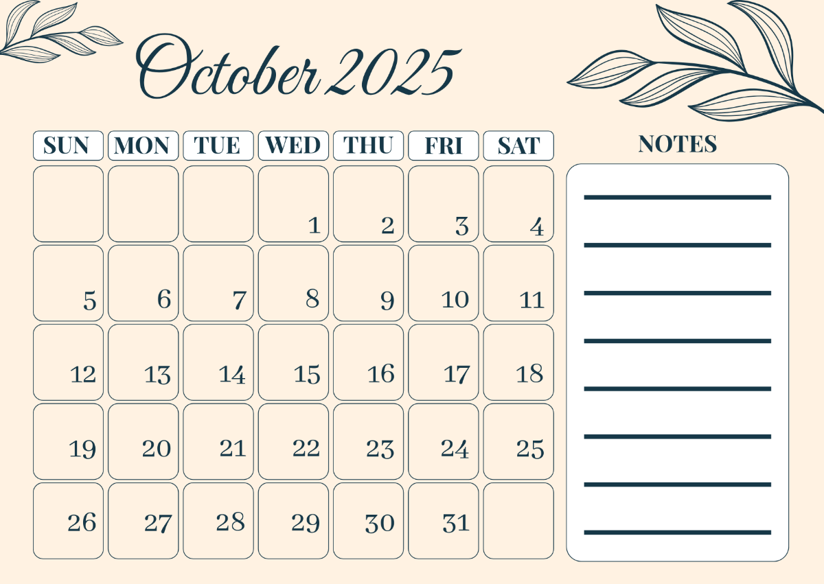 Free October 2025 Calendar With Notes Template To Edit Online within Online Calendar October 2025