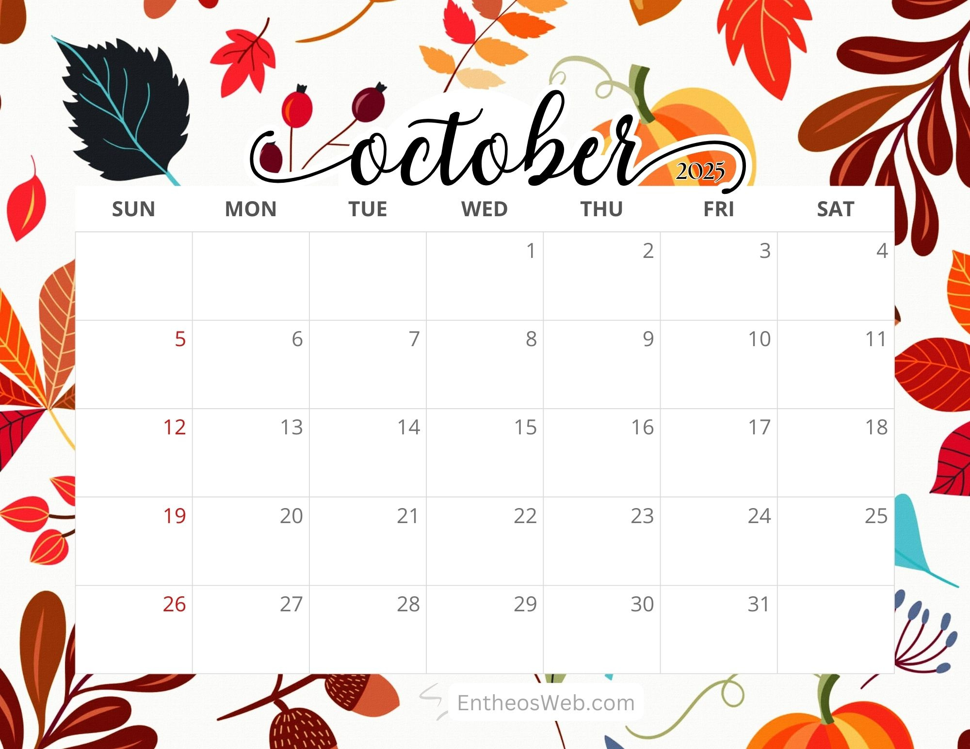 Free October 2025 Monthly Printable Calendars | Entheosweb with Free Printable 2025 October Calendar