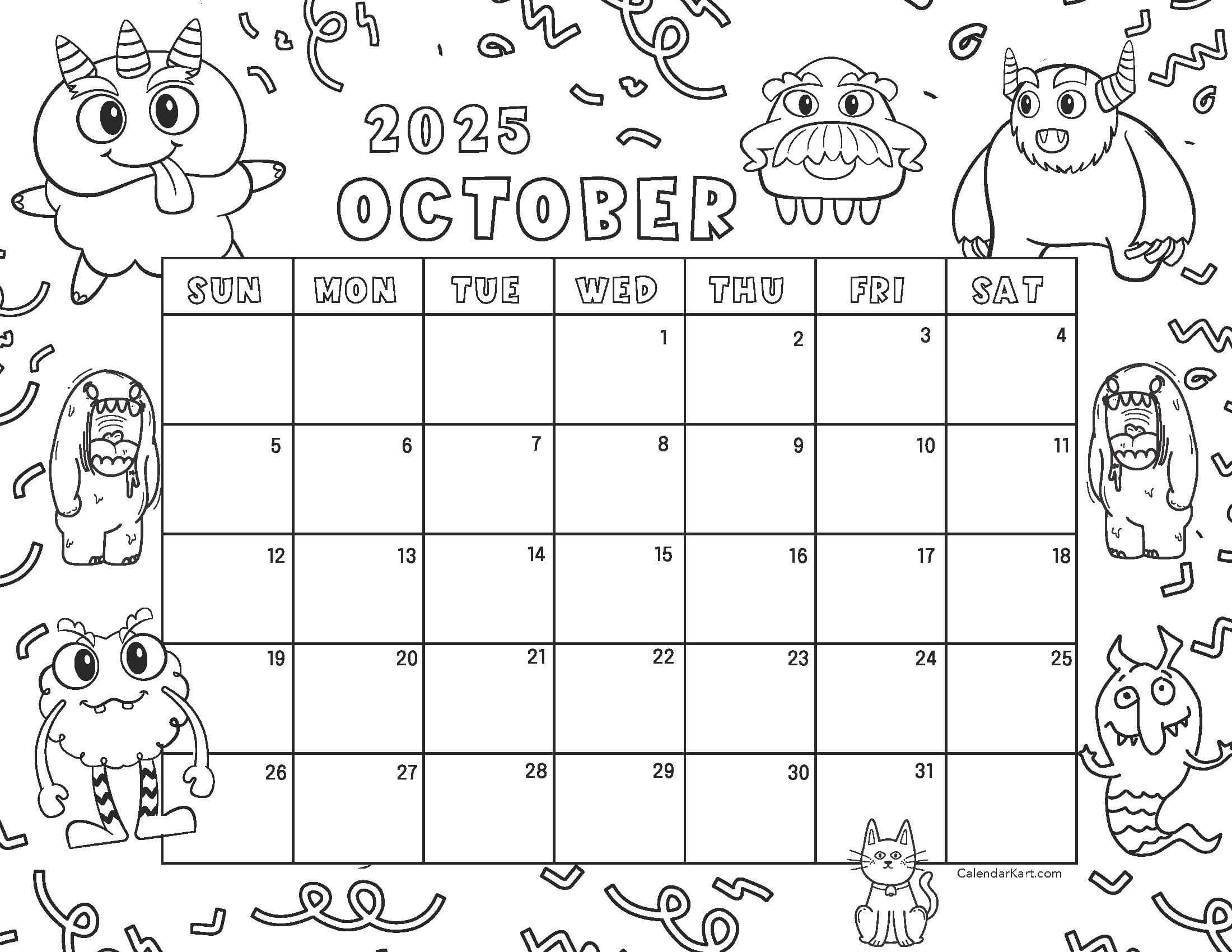 Free Printable October 2025 Calendars | Calendarkart throughout October Calendar 2025 Printable Word