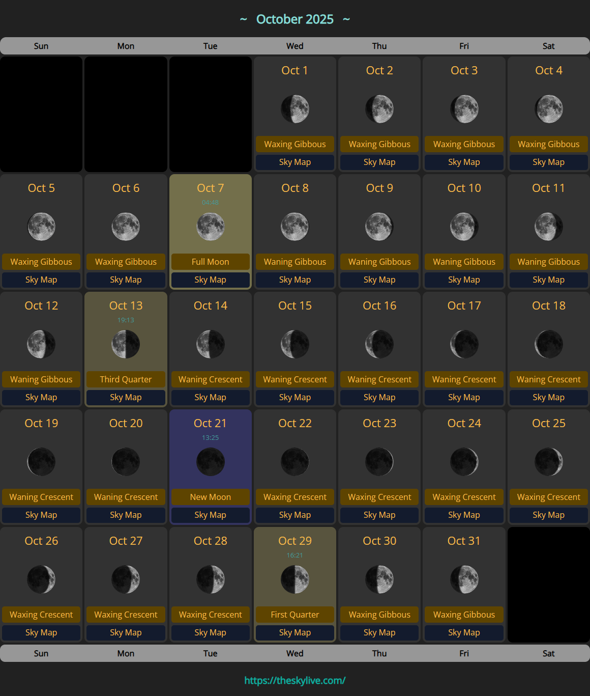 Moon Calendar: October 2025 | Theskylive throughout Moon Calendar Of October 2025