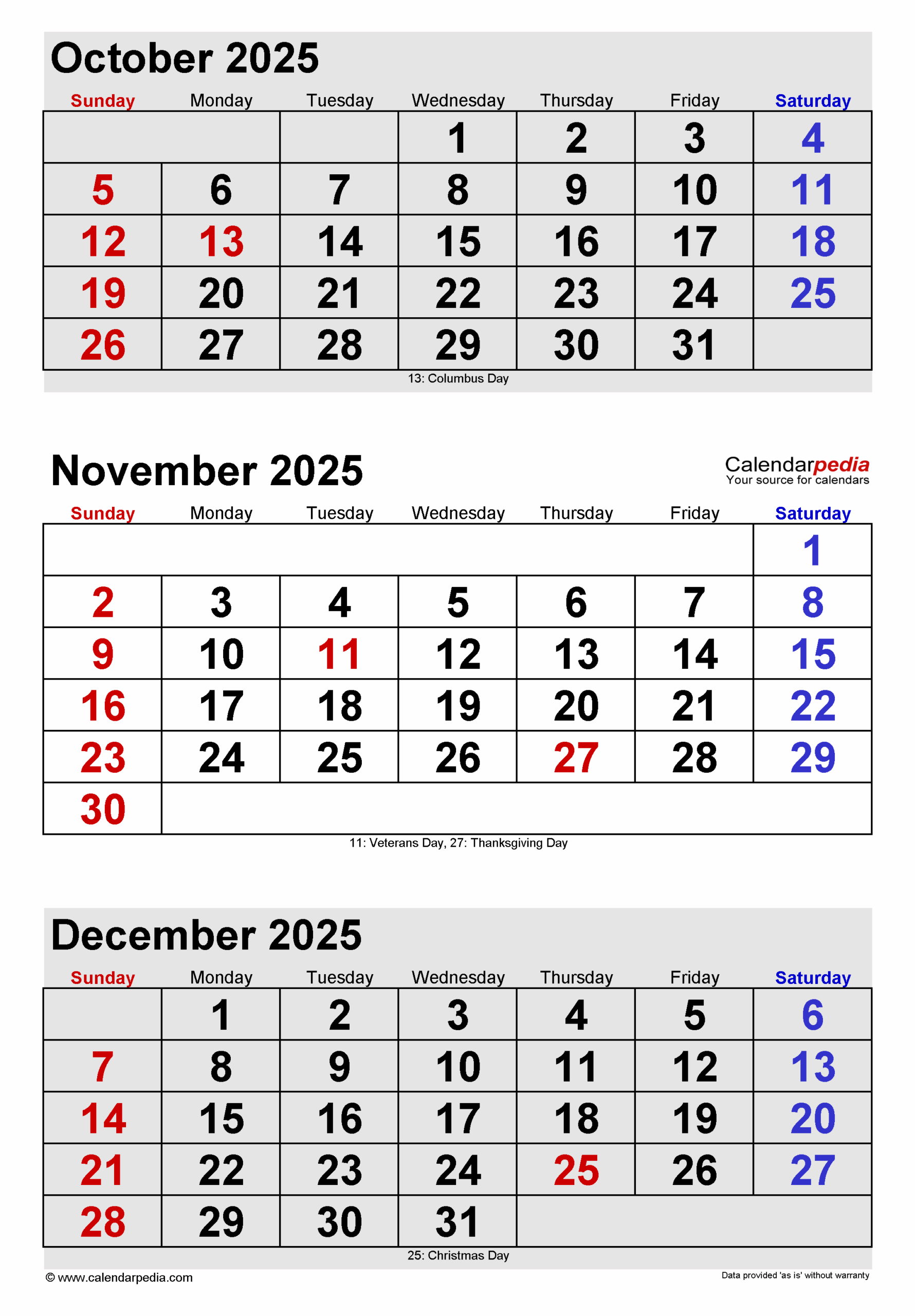 November 2025 Calendar | Templates For Pdf, Excel And Word in October November December 2025 Calendar