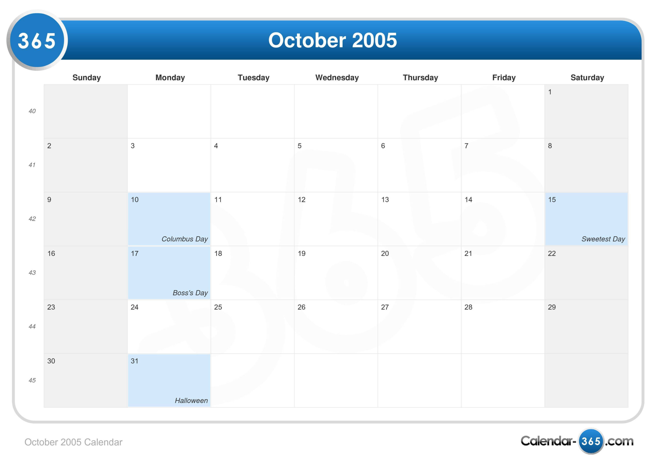 October 2005 Calendar pertaining to Calendar Of 2005 October