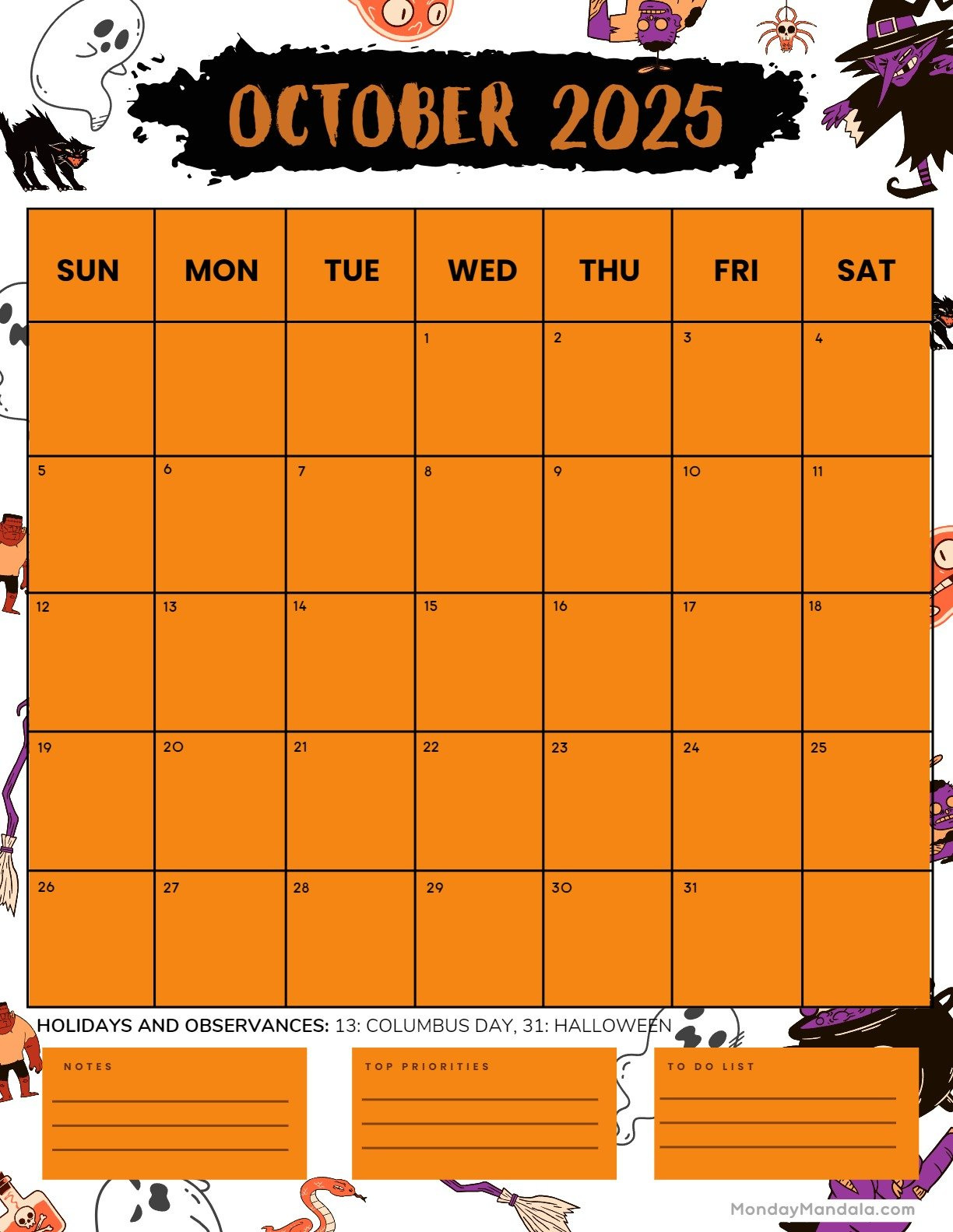 October 2025 Calendar (52 Free Pdf Printables) pertaining to Spooky October Calendar 2025 Printable