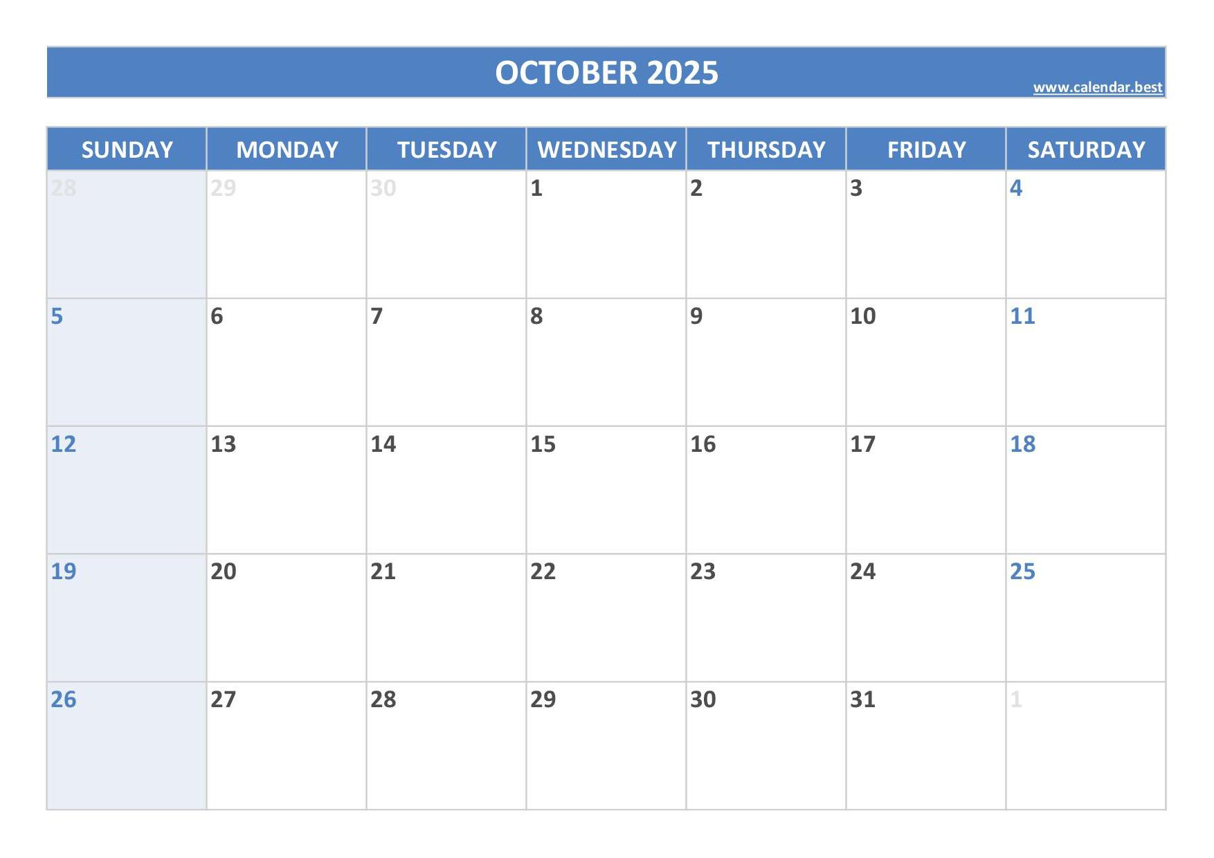 October 2025 Calendar -Calendar.best intended for October 2025 Calendar Blank