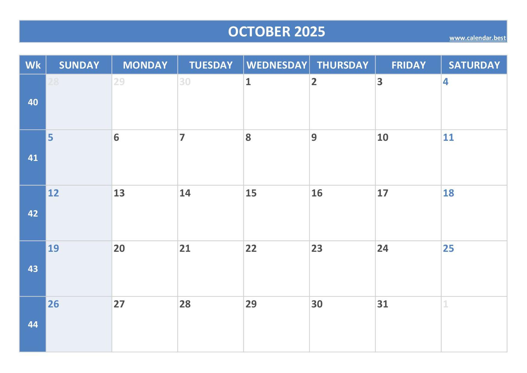 October 2025 Calendar -Calendar.best with regard to October 2025 Weekly Calendar