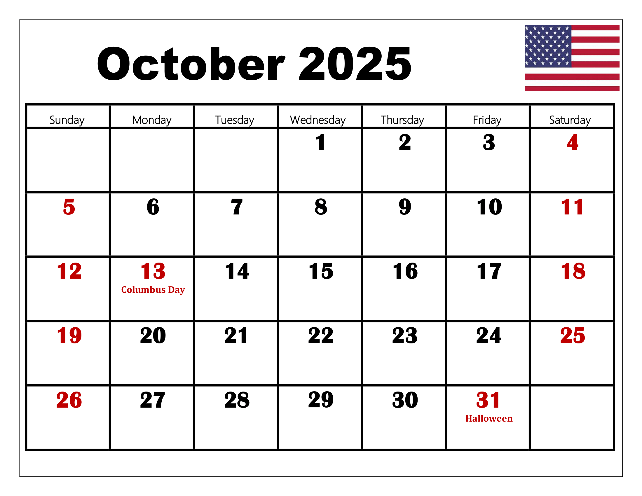 October 2025 Calendar Printable Pdf Template With Holidays for October Calendar With Holidays 2025