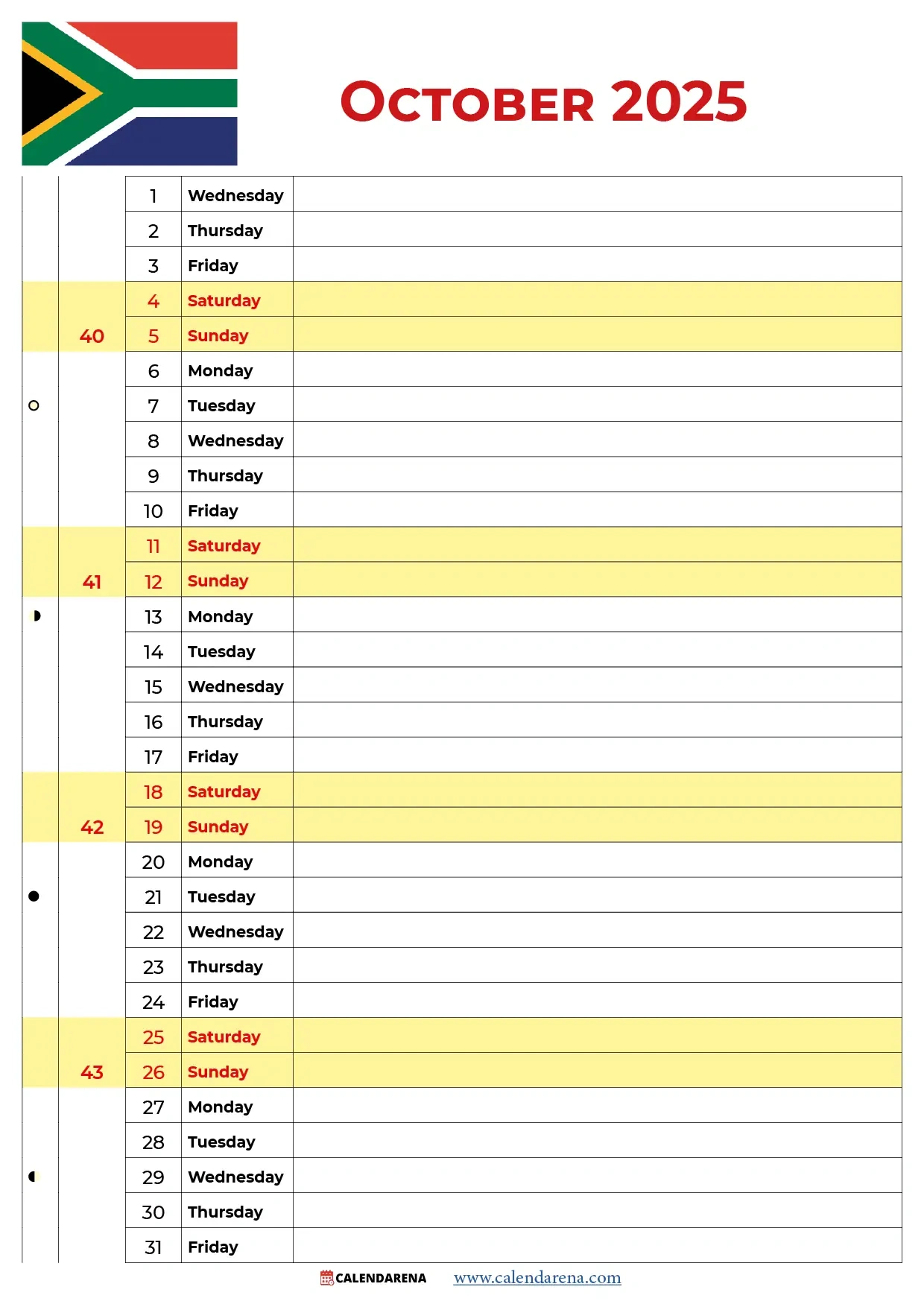 October 2025 Calendar South Africa for October Saints Calendar 2025