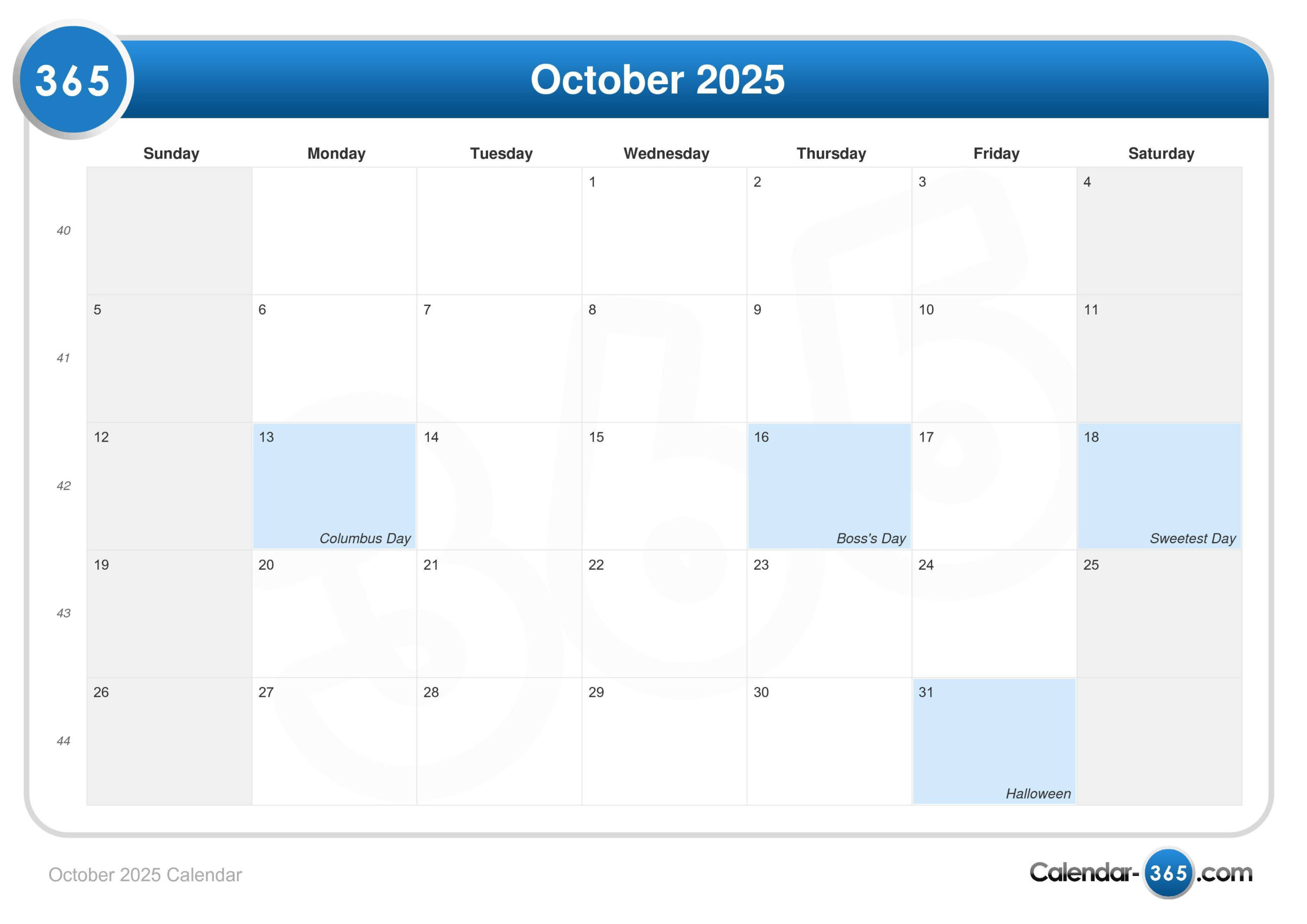 October 2025 Calendar with Las Vegas Calendar October 2025