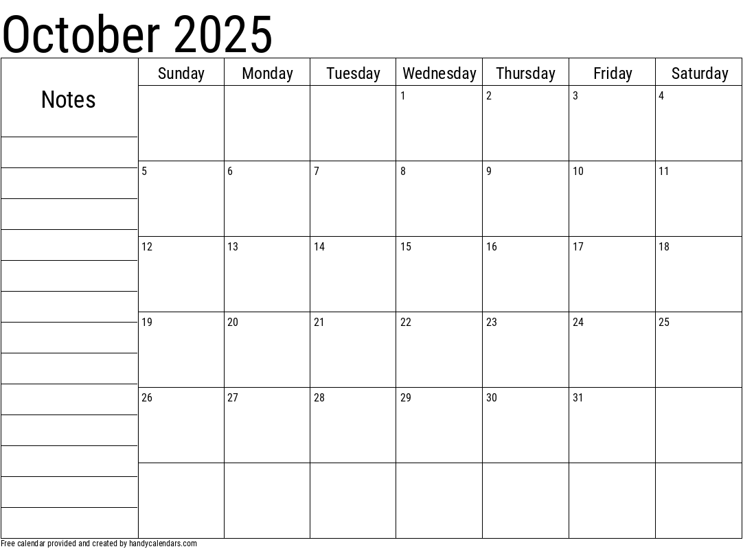 October 2025 Calendar With Notes - Handy Calendars regarding October 2025 Calendar With Notes