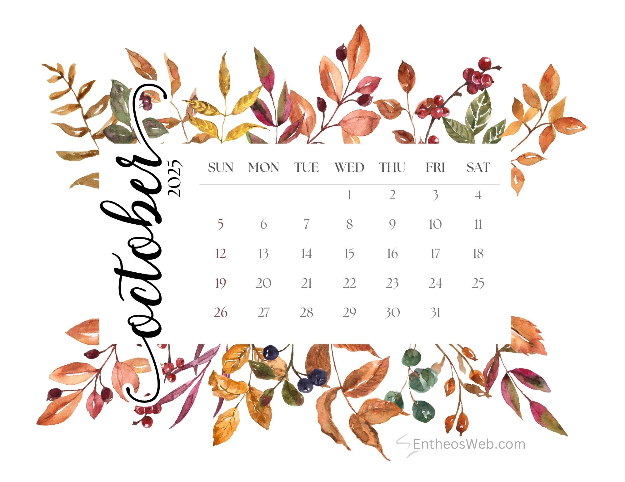 October 2025 Free Monthly Printable Calendars | Entheosweb intended for October 2025 Calendar Background