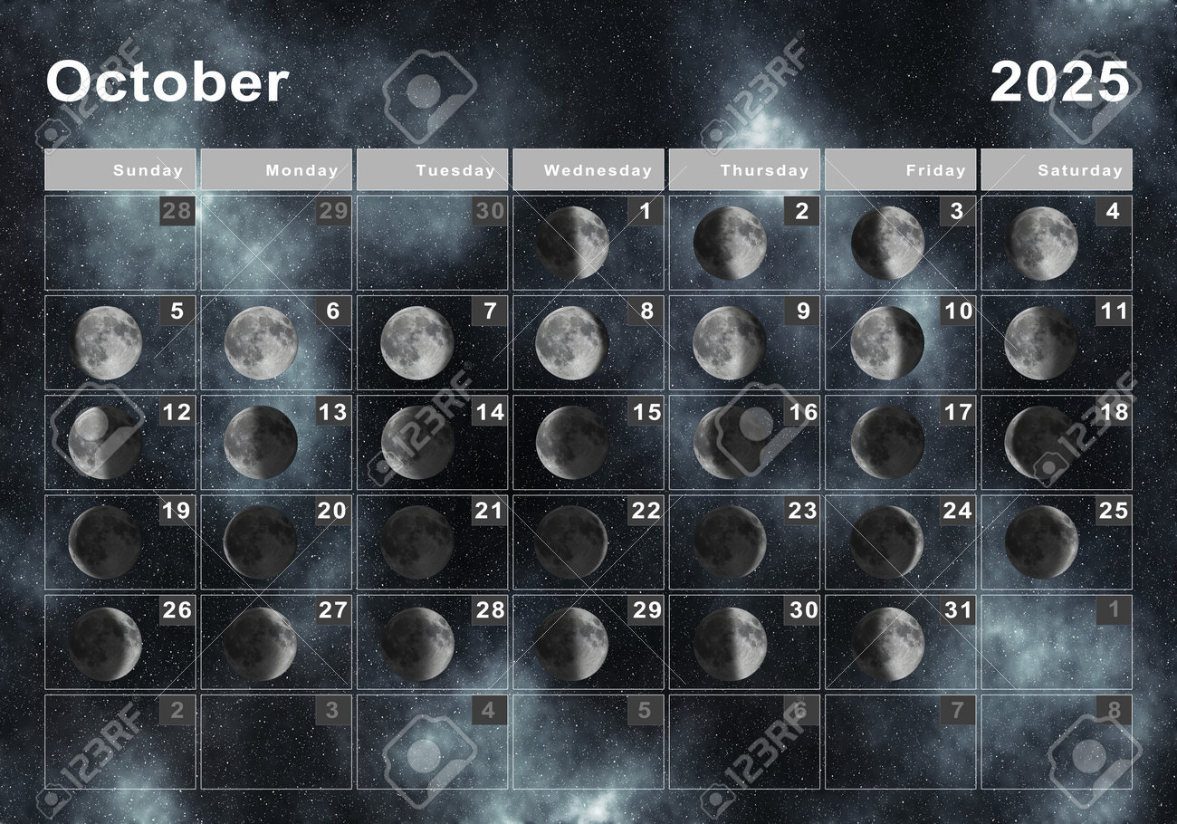 October 2025 Lunar Calendar, Moon Cycles, Moon Phases Stock Photo regarding October 2025 Lunar Calendar