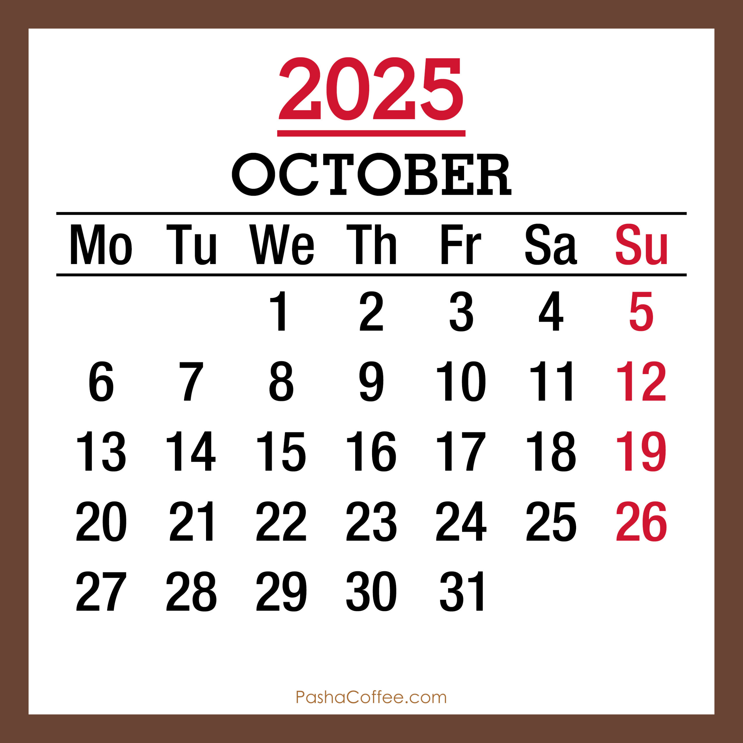 October 2025 Monthly Calendar, Printable Free, Brown, Monday Start pertaining to October 2025 Calendar Monday Start