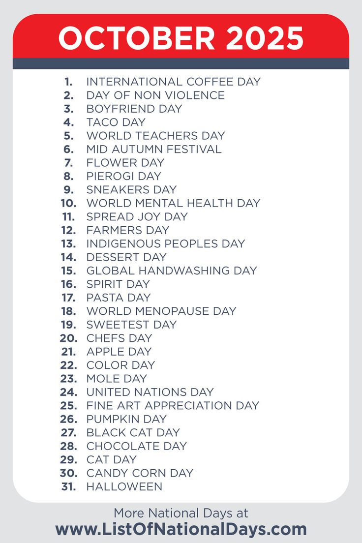 October 2025 National Days intended for October 15 National Day 2025