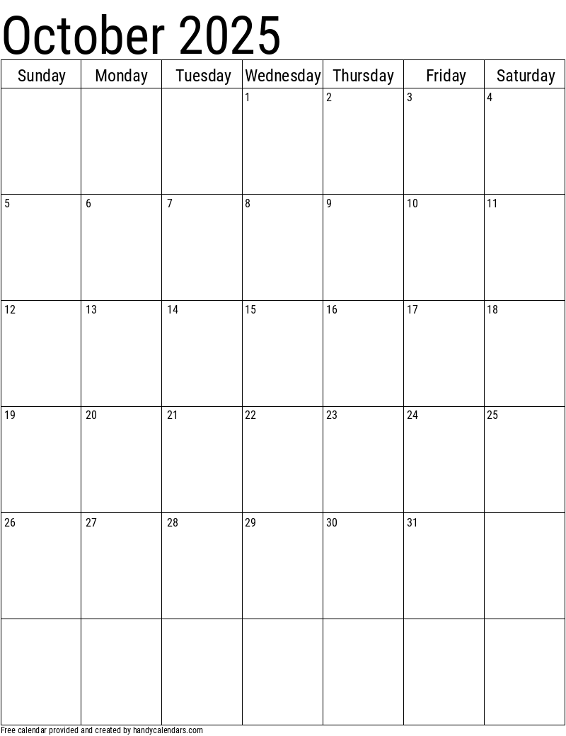 October 2025 Vertical Calendar - Handy Calendars throughout October 2025 Vertical Calendar