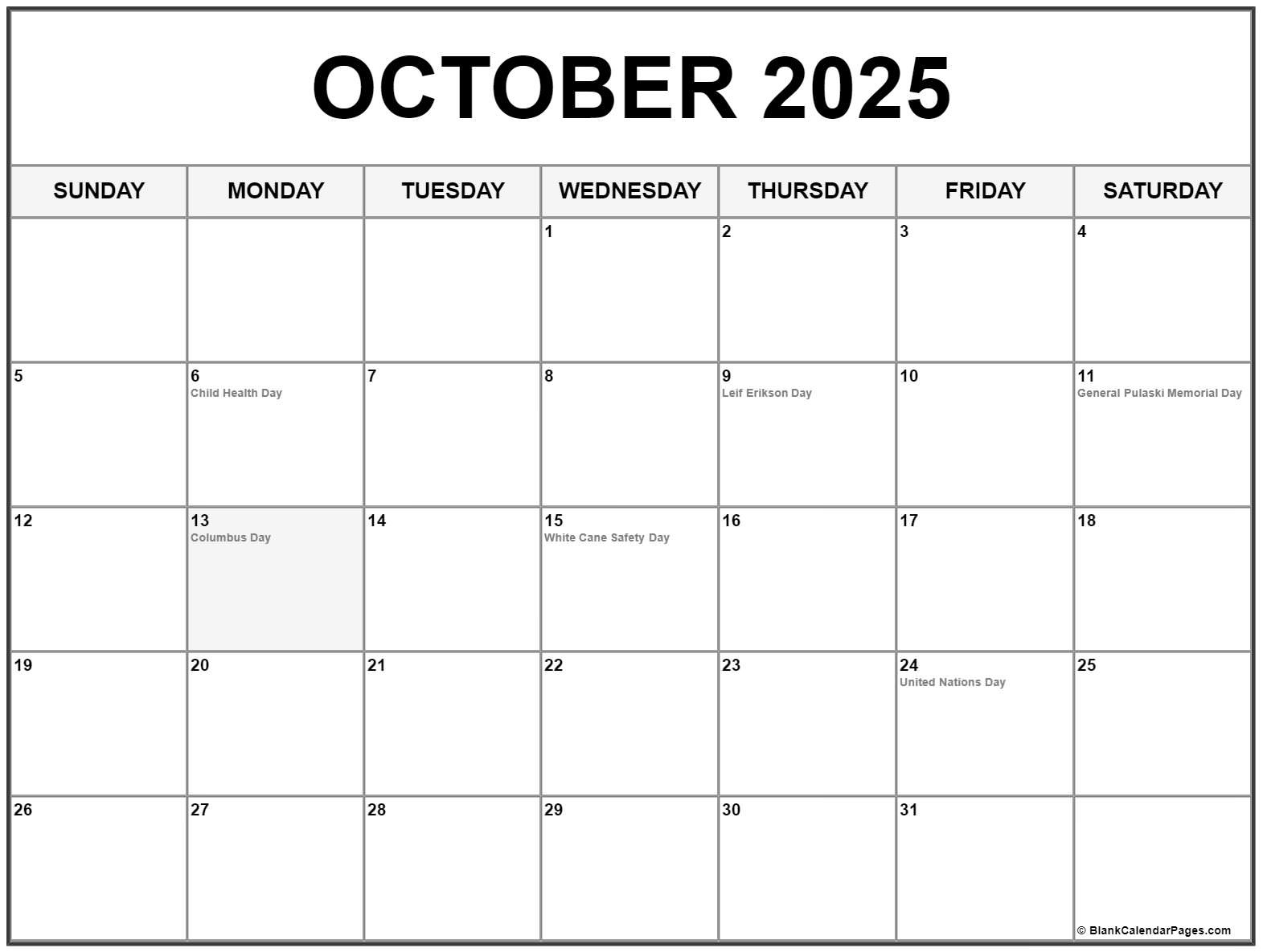 October 2025 With Holidays Calendar within October 2025 Calendar Holiday