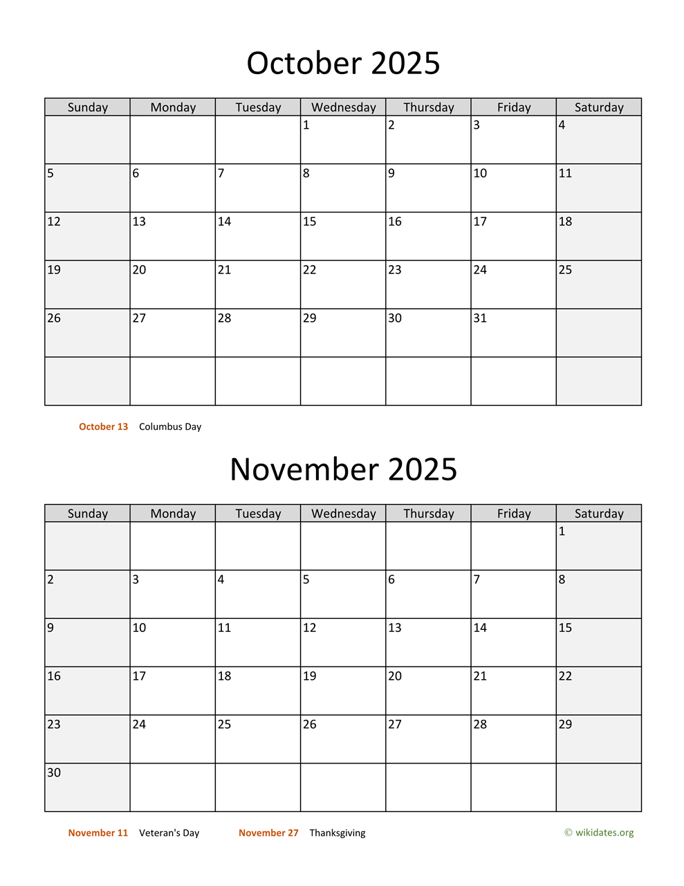 October And November 2025 Calendar | Wikidates for Printable October November 2025 Calendar