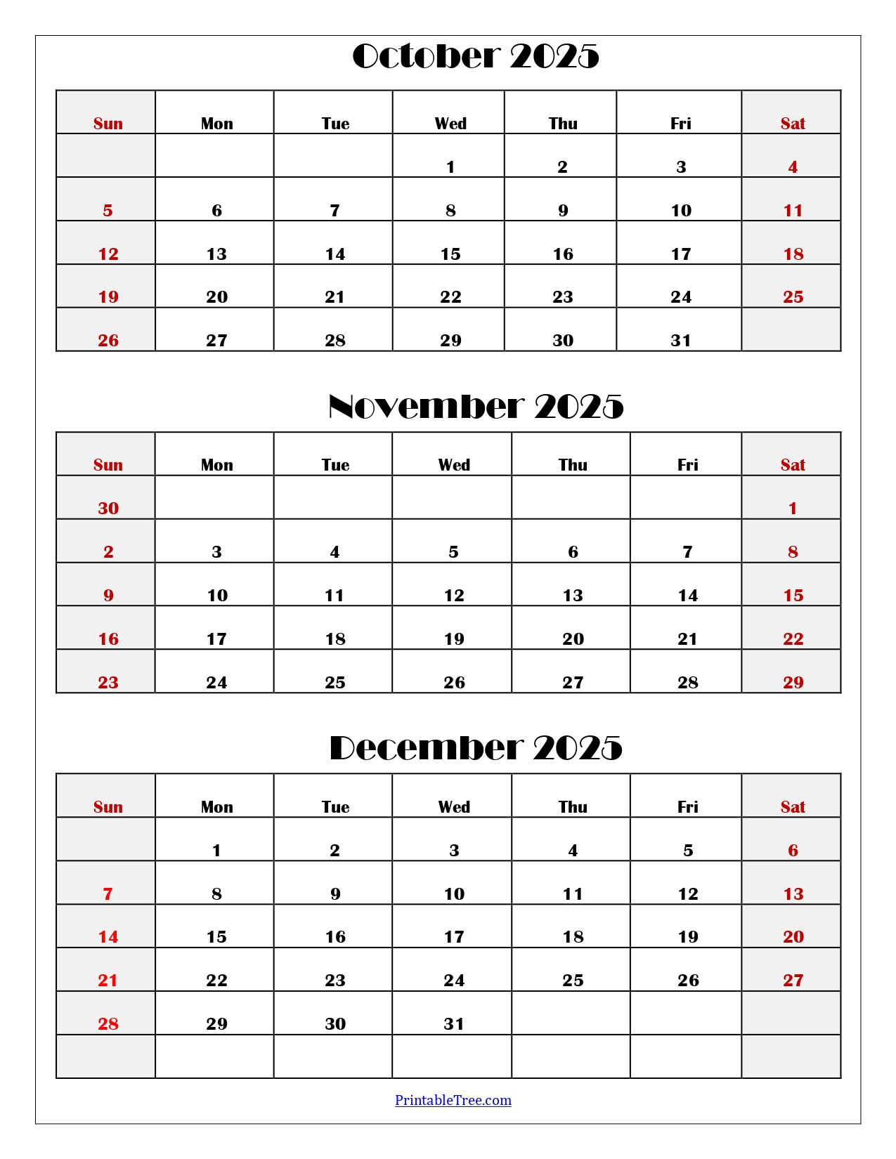 October To December 2025 Calendar Printable Pdf | Three Months for Printable Calendar 2025 October November December