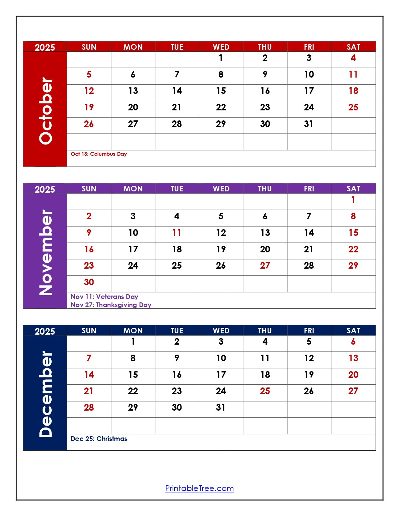 October To December 2025 Calendar Printable Pdf | Three Months pertaining to Printable Calendar 2025 October November December