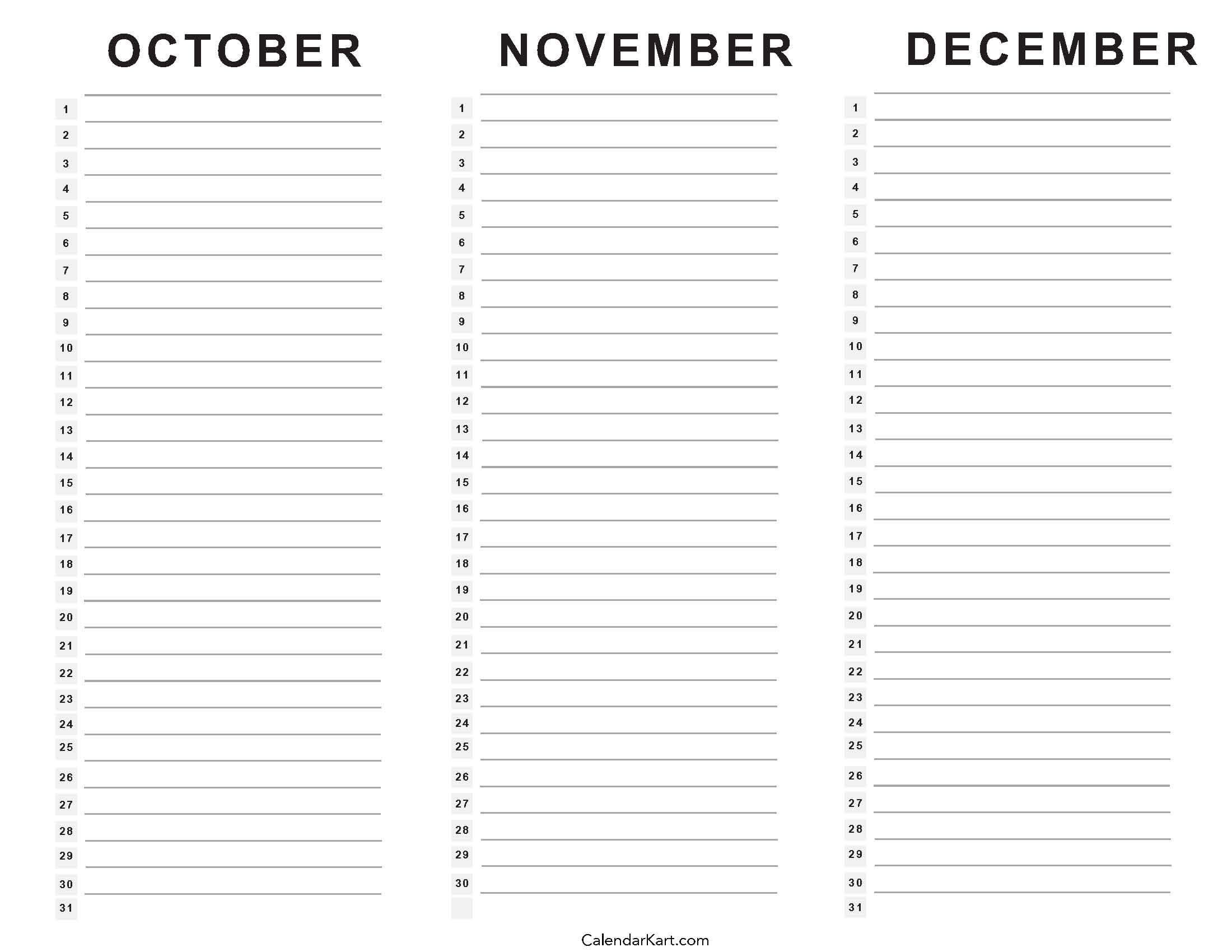 October To December 2025 Calendar (Q4) - Calendarkart intended for Calendar Printable October November December 2025