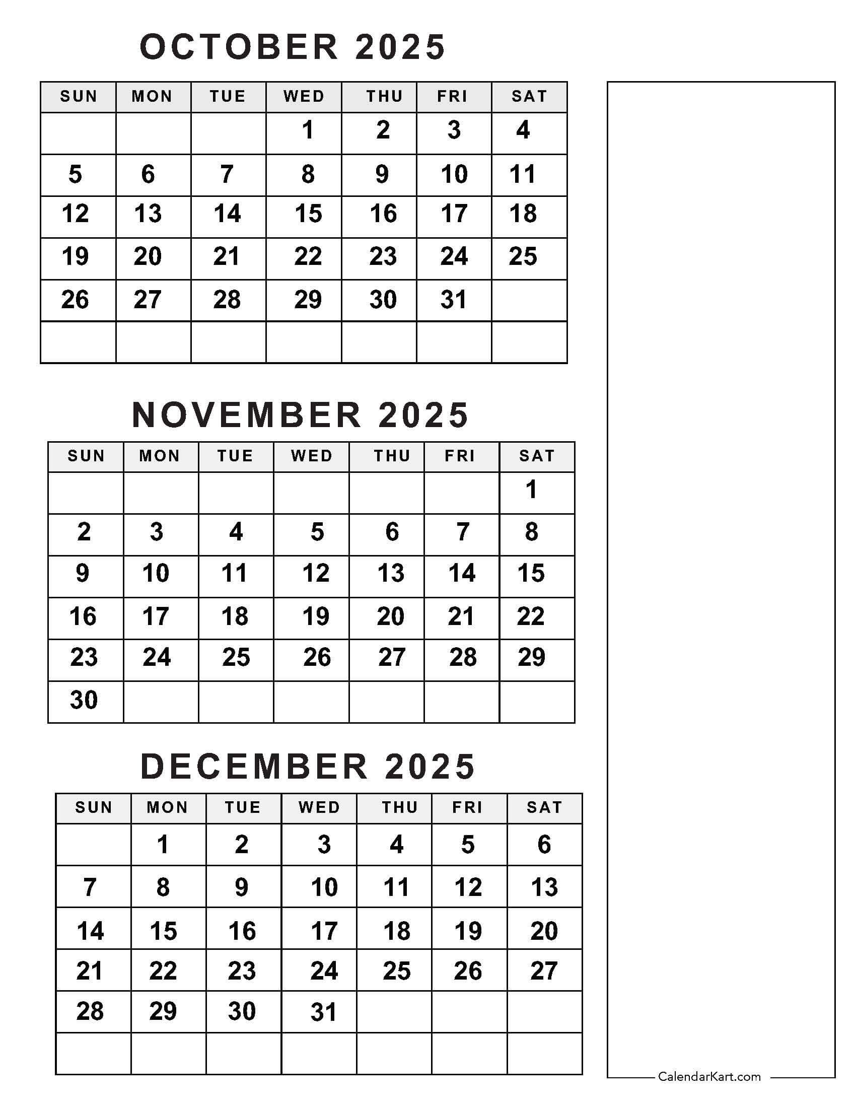 October To December 2025 Calendar (Q4) - Calendarkart within 3 Month Calendar October November December 2025